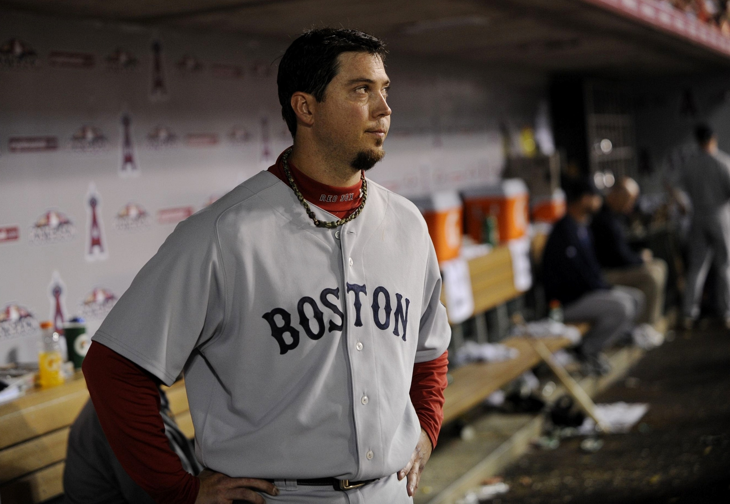 ANAHEIM, CA - OCTOBER 09:  Starting pitcher Josh Beckett #19 of the Boston Red Sox watches as the Los Angeles Angels of Anaheim celebrate winning Game Two of the ALDS during the MLB playoffs at Angel Stadium on October 9, 2009 in Anaheim, California. (Pho