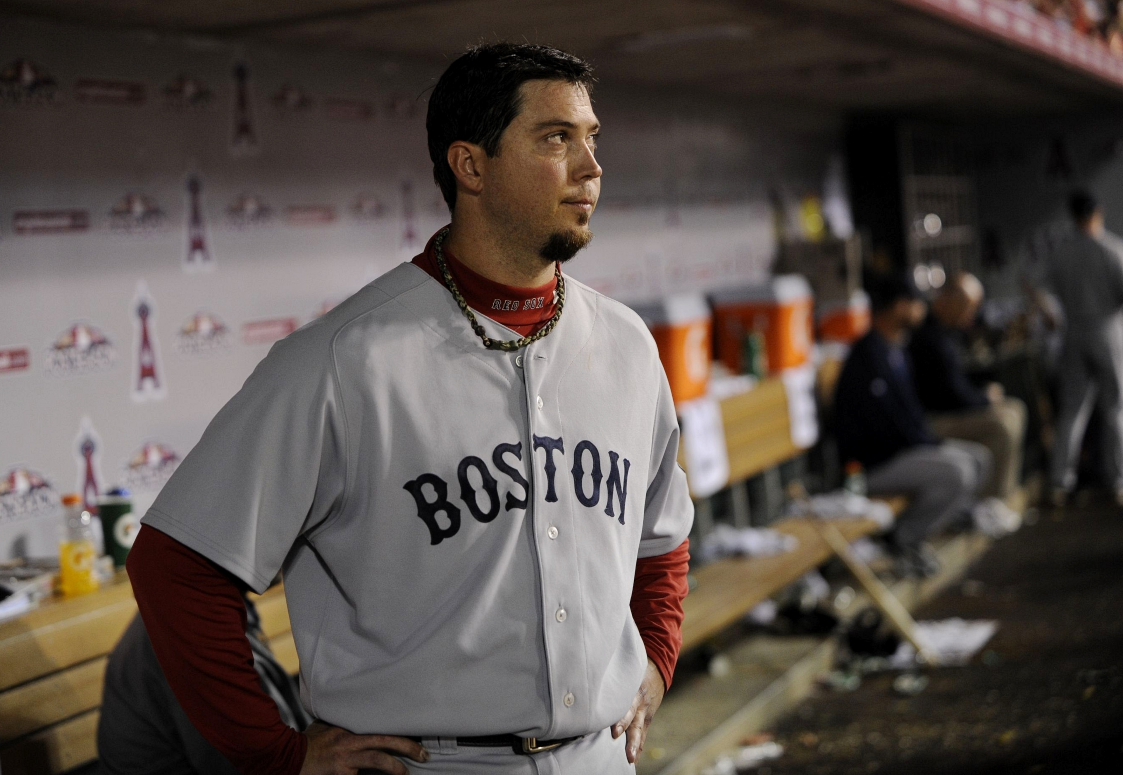 ANAHEIM, CA - OCTOBER 09:  Starting pitcher Josh Beckett #19 of the Boston Red Sox watches as the Los Angeles Angels of Anaheim celebrate winning Game Two of the ALDS during the MLB playoffs at Angel Stadium on October 9, 2009 in Anaheim, California. (Pho