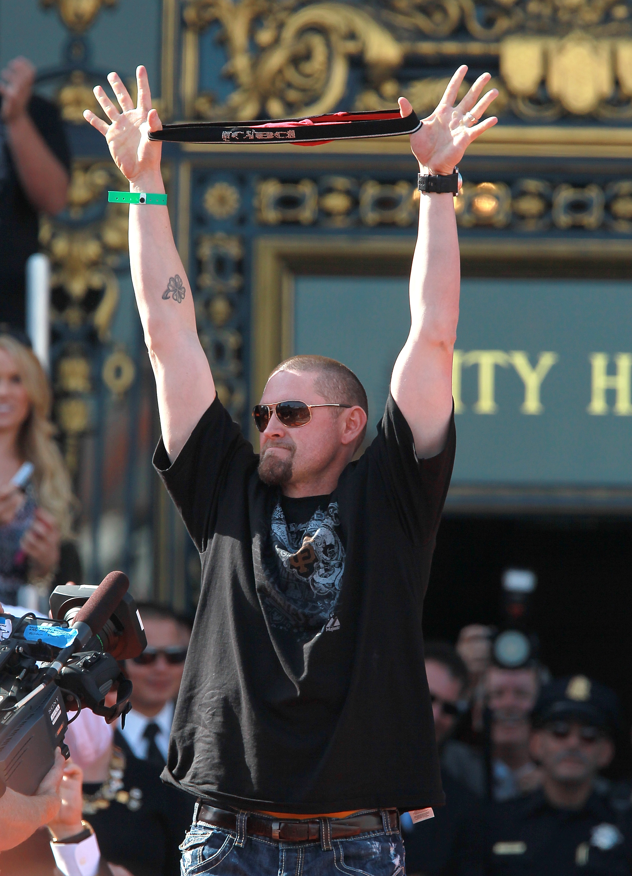 SAN FRANCISCO - NOVEMBER 03:  Aubrey Huff of the San Francisco Giants holds up his red rally thong as he celebrates during the Giants' victory parade and celebration on November 3, 2010 in San Francisco, California. Thousands of Giants fans lined the stre