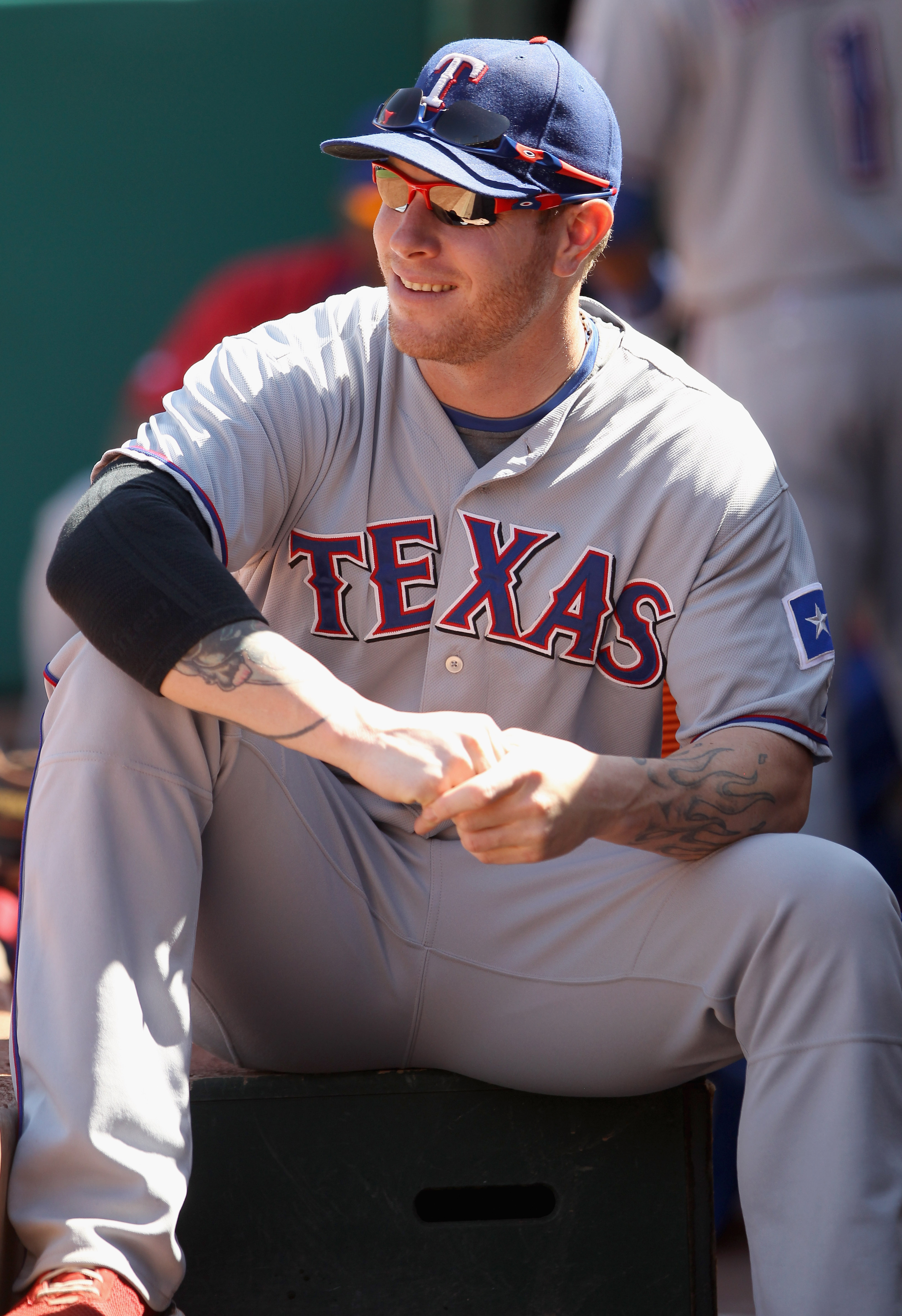 OAKLAND, CA - SEPTEMBER 25:  Josh Hamilton #32 of the Texas Rangers sits in the dugout before their game against the Oakland Athletics at the Oakland-Alameda County Coliseum on September 25, 2010 in Oakland, California.  (Photo by Ezra Shaw/Getty Images)