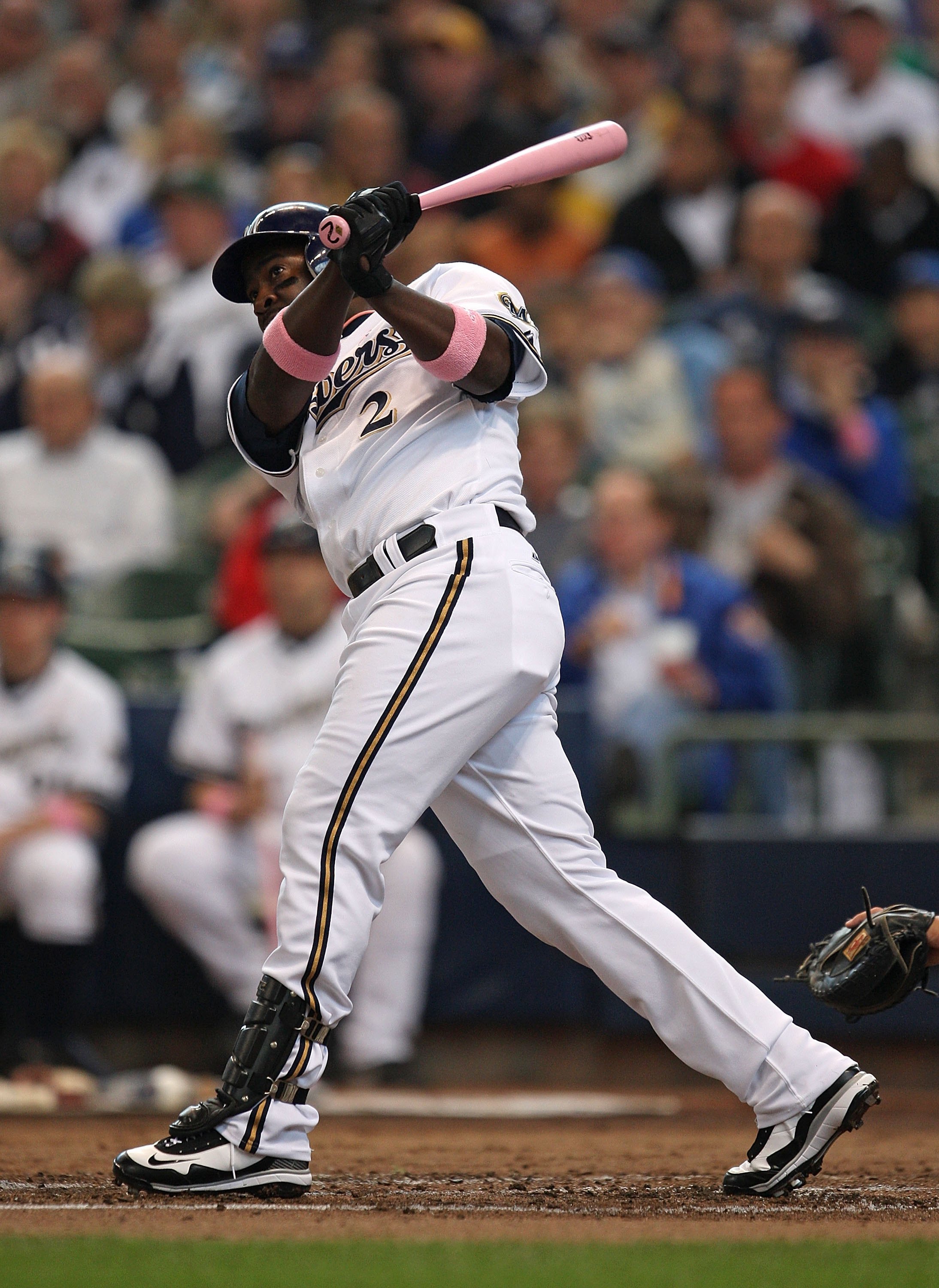 MILWAUKEE - MAY 10: Bill Hall #2 of the Milwaukee Brewers takes a swing against the Chicago Cubs on May 10, 2009 at Miller Park in Milwaukee, Wisconsin. The Cubs defeated the Brewers 4-2. (Photo by Jonathan Daniel/Getty Images)