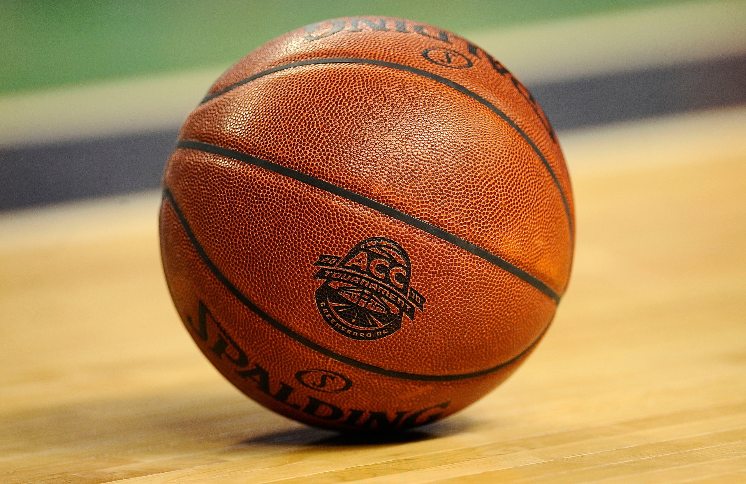GREENSBORO, NC - MARCH 13:  An ACC basketball sits on the court during the Georgia Tech Yellow Jackets game against the North Carolina State Wolfpack in their semifinals in the 2010 ACC Men's Basketball Tournament at the Greensboro Coliseum on on March 13