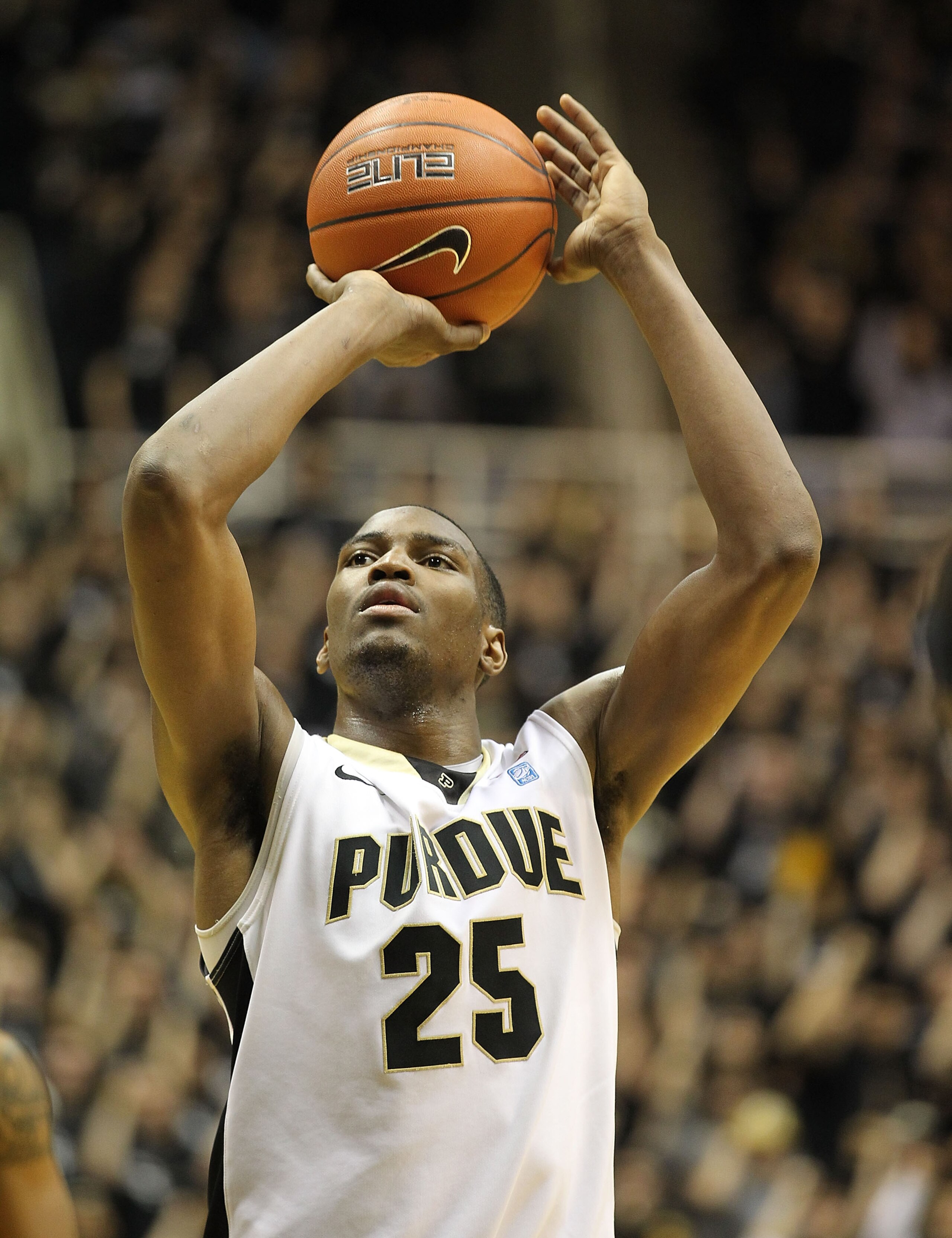 WEST LAFAYETTE, IN - JANUARY 09:  JaJuan Johnson #25 of the Purdue Boilermakers shoots the ball during the Big Ten Conference game against the Iowa Hawkeyes at Mackey Arena on January 9, 2011 in West Lafayette, Indiana.  Purdue won 75-52.  (Photo by Andy