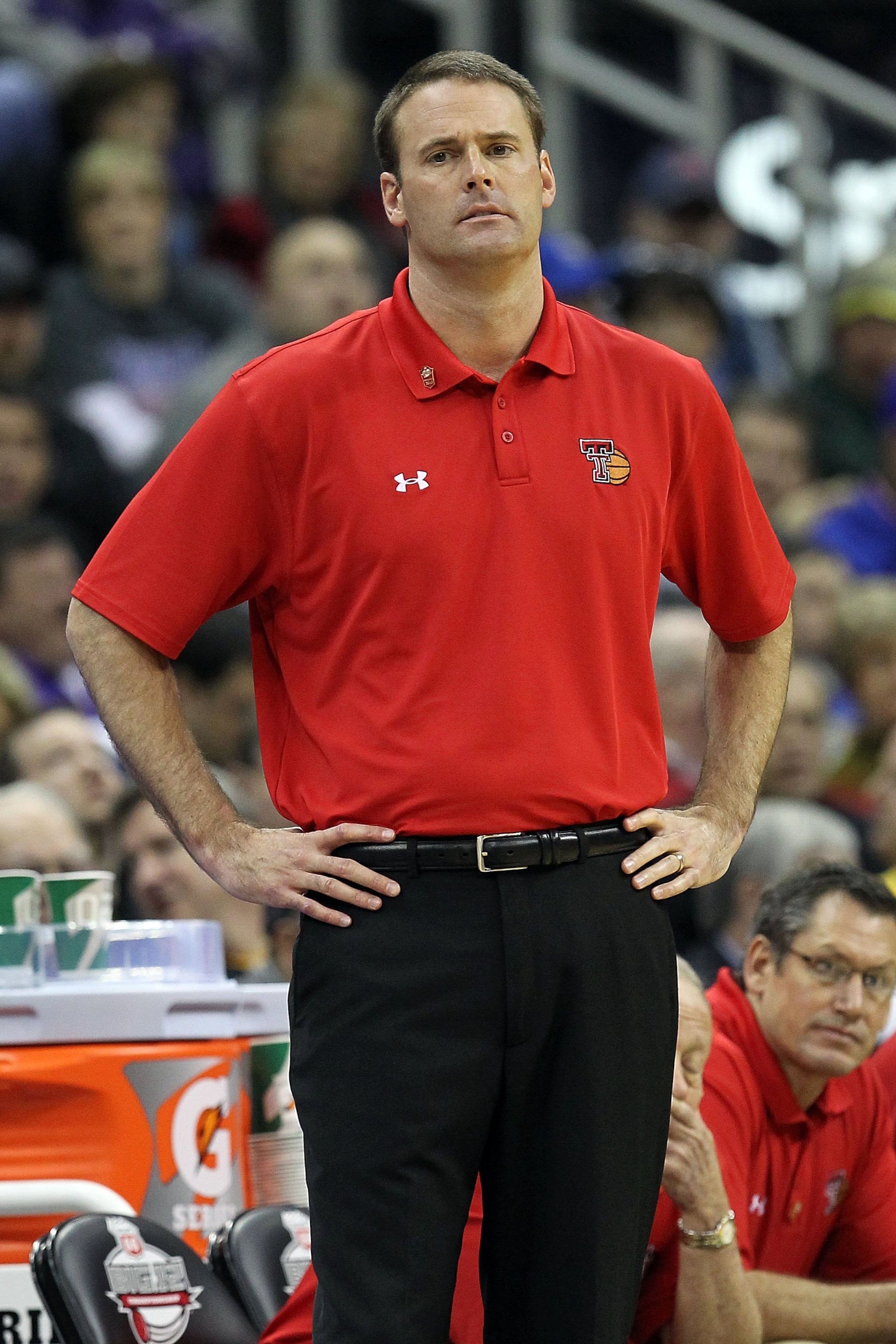 KANSAS CITY, MO - MARCH 11:  Head coach Pat Knight of the Texas Tech Red Raiders reacts while taking on the Kansas Jayhawks during the quarterfinals of the 2010 Phillips 66 Big 12 Men's Basketball Tournament at the Sprint Center on March 11, 2010 in Kansa