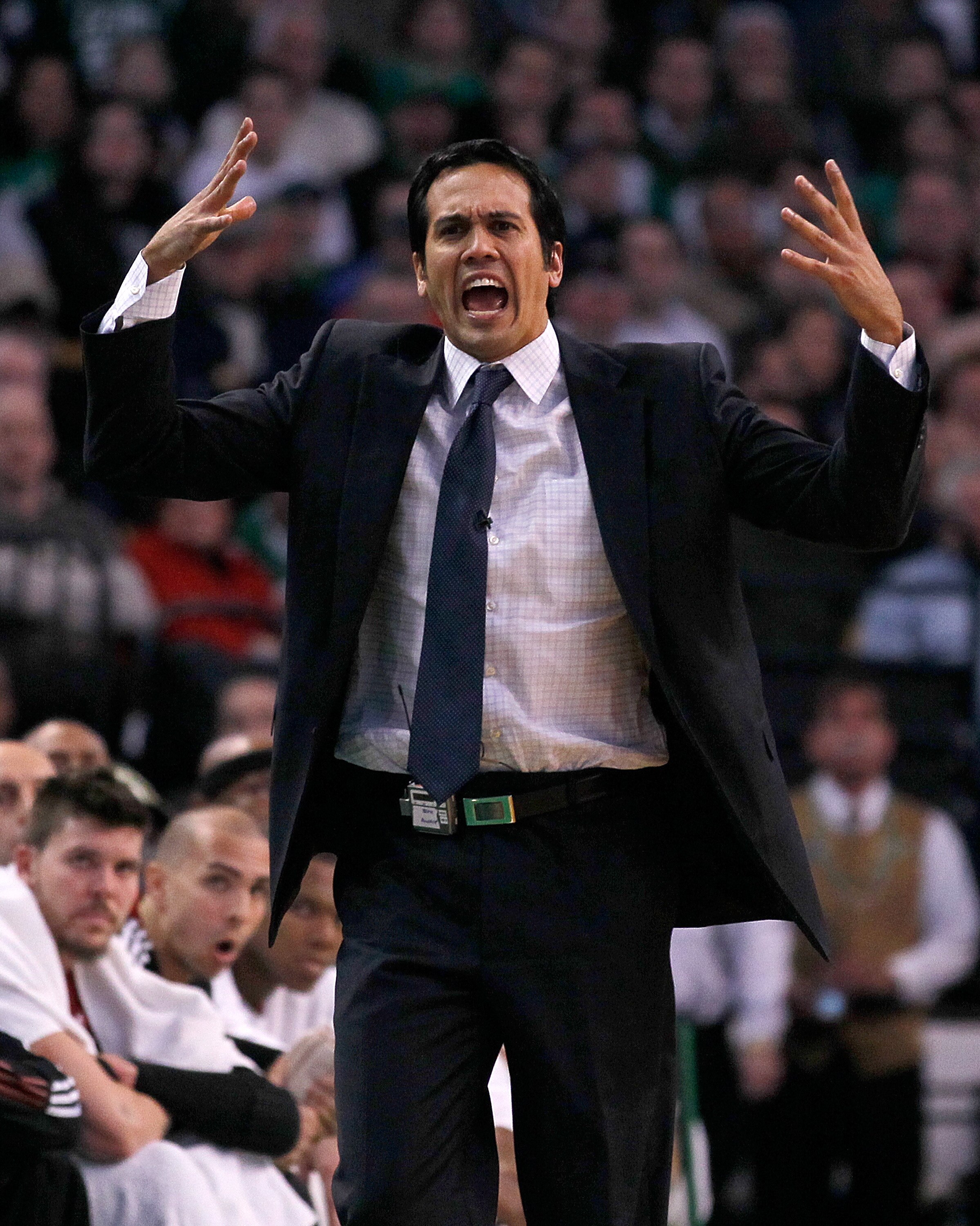 BOSTON - FEBRUARY 13:  Coach Erik Spoelstra of the Miami Heat reacts when an official failed to call a foul against the Boston Celtics at TD Garden on February 13, 2011 in Boston, Massachusetts. The Celtics won 85-82. NOTE TO USER: User expressly acknowle