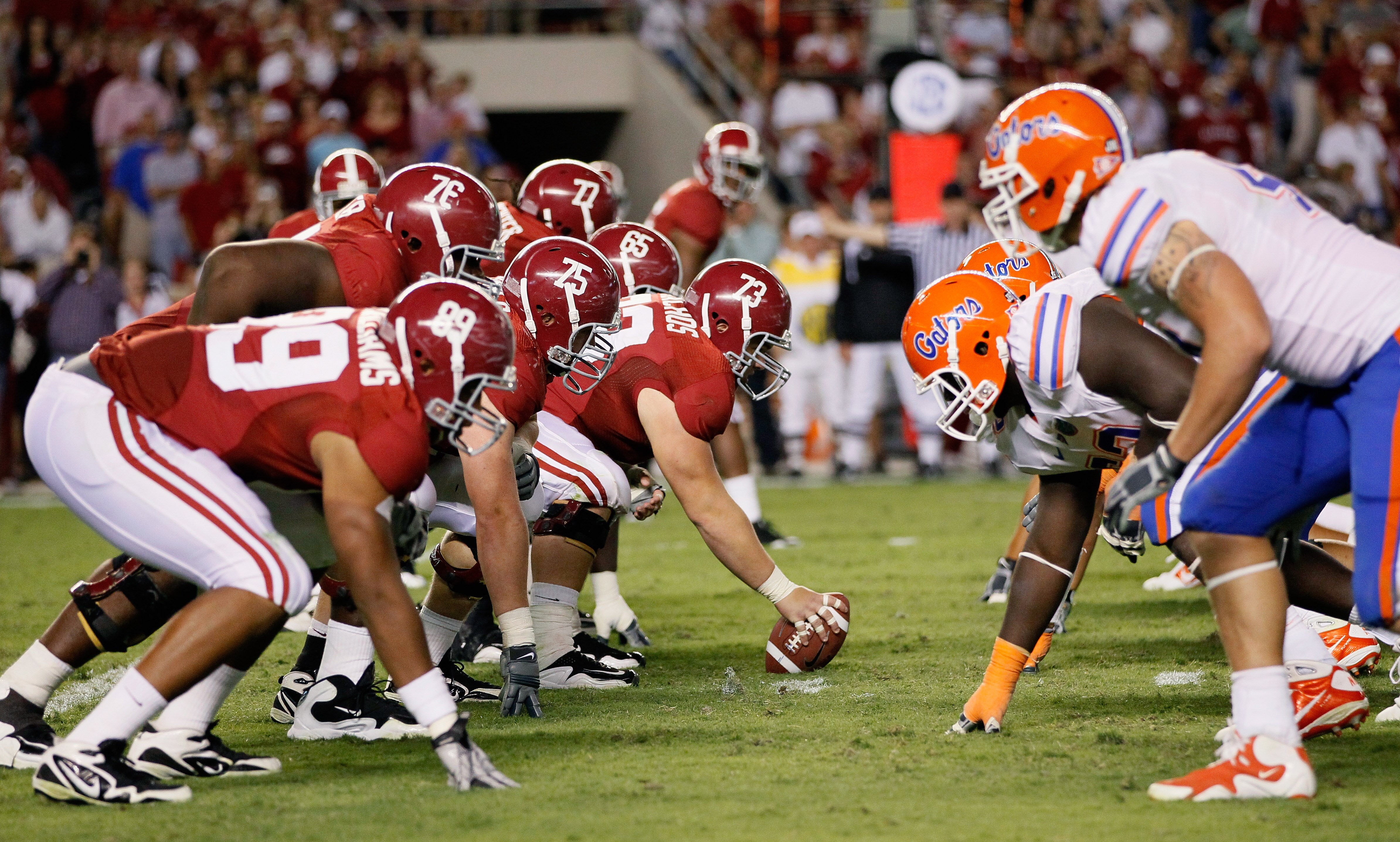 TUSCALOOSA, AL - OCTOBER 02: The offense of the Alabama Crimson Tide against the defense of the Florida Gators at Bryant-Denny Stadium on October 2, 2010 in Tuscaloosa, Alabama. (Photo by Kevin C. Cox/Getty Images) TUSCALOOSA, AL - OCTOBER 02: The offense of the Alabama Crimson Tide against the defense of the Florida Gators at Bryant-Denny Stadium on October 2, 2010 in Tuscaloosa, Alabama. (Photo by Kevin C. Cox/Getty Images)