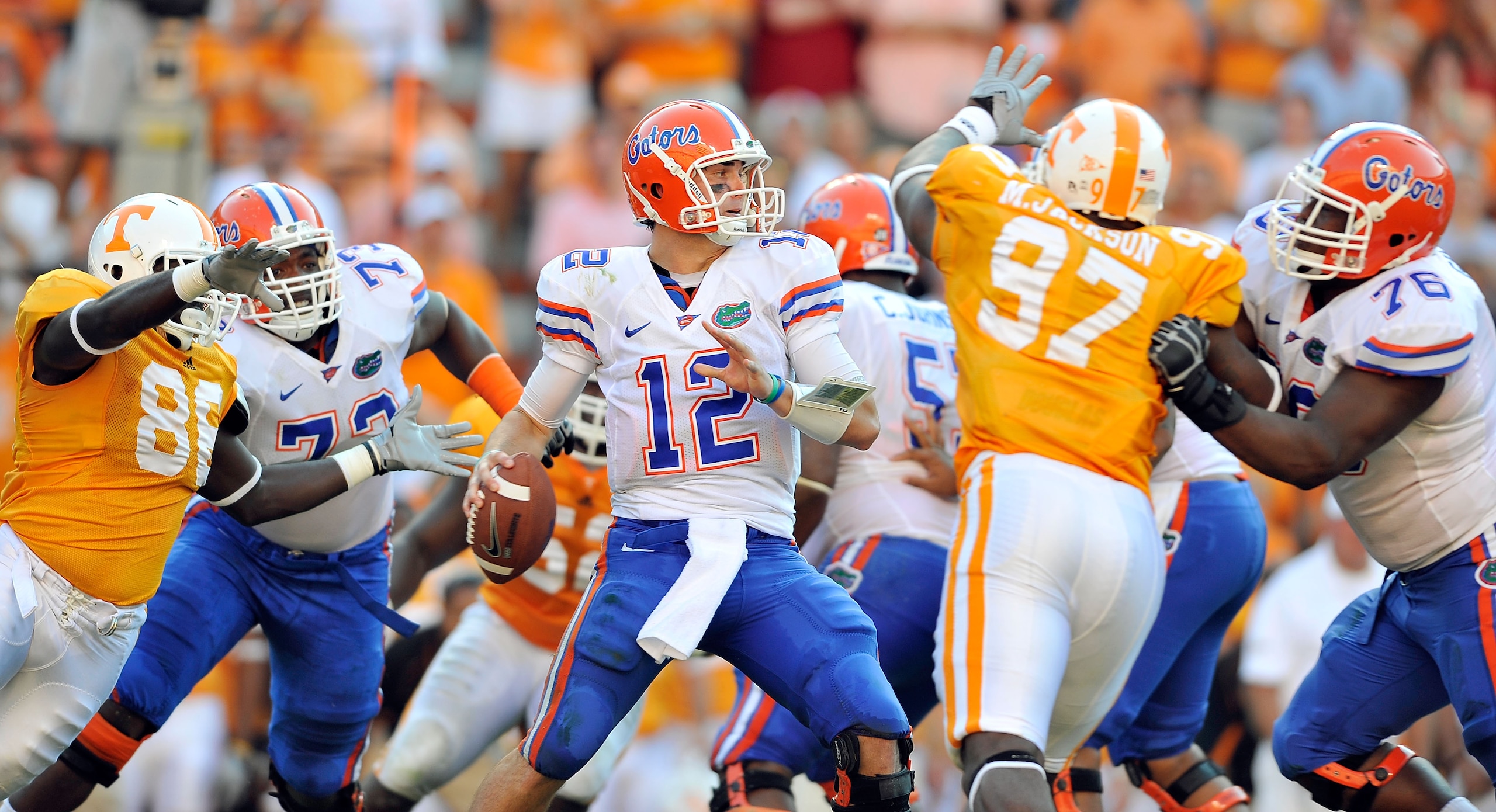 KNOXVILLE, TN - SEPTEMBER 18:  Quarterback John Brantley #12 of the Florida Gators drops back to pass against the Tennessee Volunteers at Neyland Stadium on September 18, 2010 in Knoxville, Tennessee.  (Photo by Grant Halverson/Getty Images)