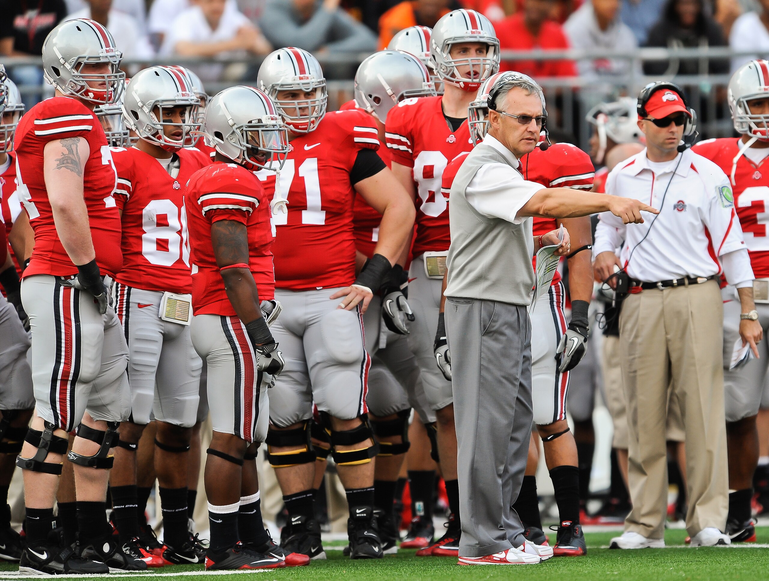 COLUMBUS, OH - SEPTEMBER 25:  Head Coach Jim Tressel of the Ohio State Buckeyes directs his team during a game against the Eastern Michigan Eagles at Ohio Stadium on September 25, 2010 in Columbus, Ohio.  Ohio State won 73-20. (Photo by Jamie Sabau/Getty