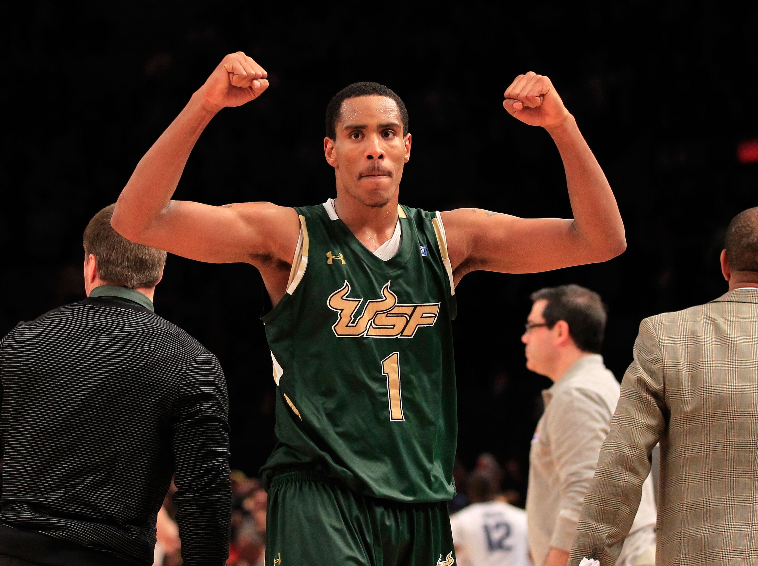 NEW YORK, NY - MARCH 08:  Ron Anderson Jr. #1 of the South Florida Bulls celebrates after defeating the Villanova Wildcats during the first round of the 2011 Big East Men's Basketball Tournament presented by American Eagle Outfitters at Madison Square Gar