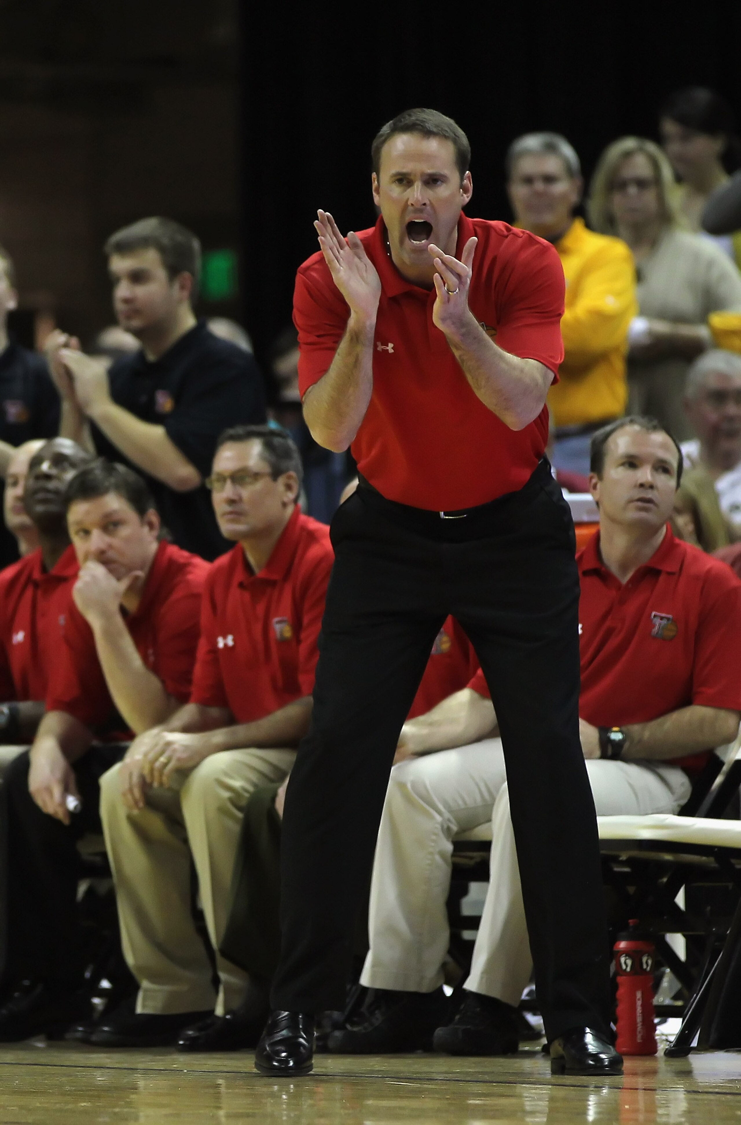 COLUMBIA, MO - FEBRUARY 15:  Head coach Pat Knight of the Texas Tech Red Raiders cheers on  players during the game against the Missouri Tigers on February 15, 2011 at Mizzou Arena in Columbia, Missouri.  (Photo by Jamie Squire/Getty Images)