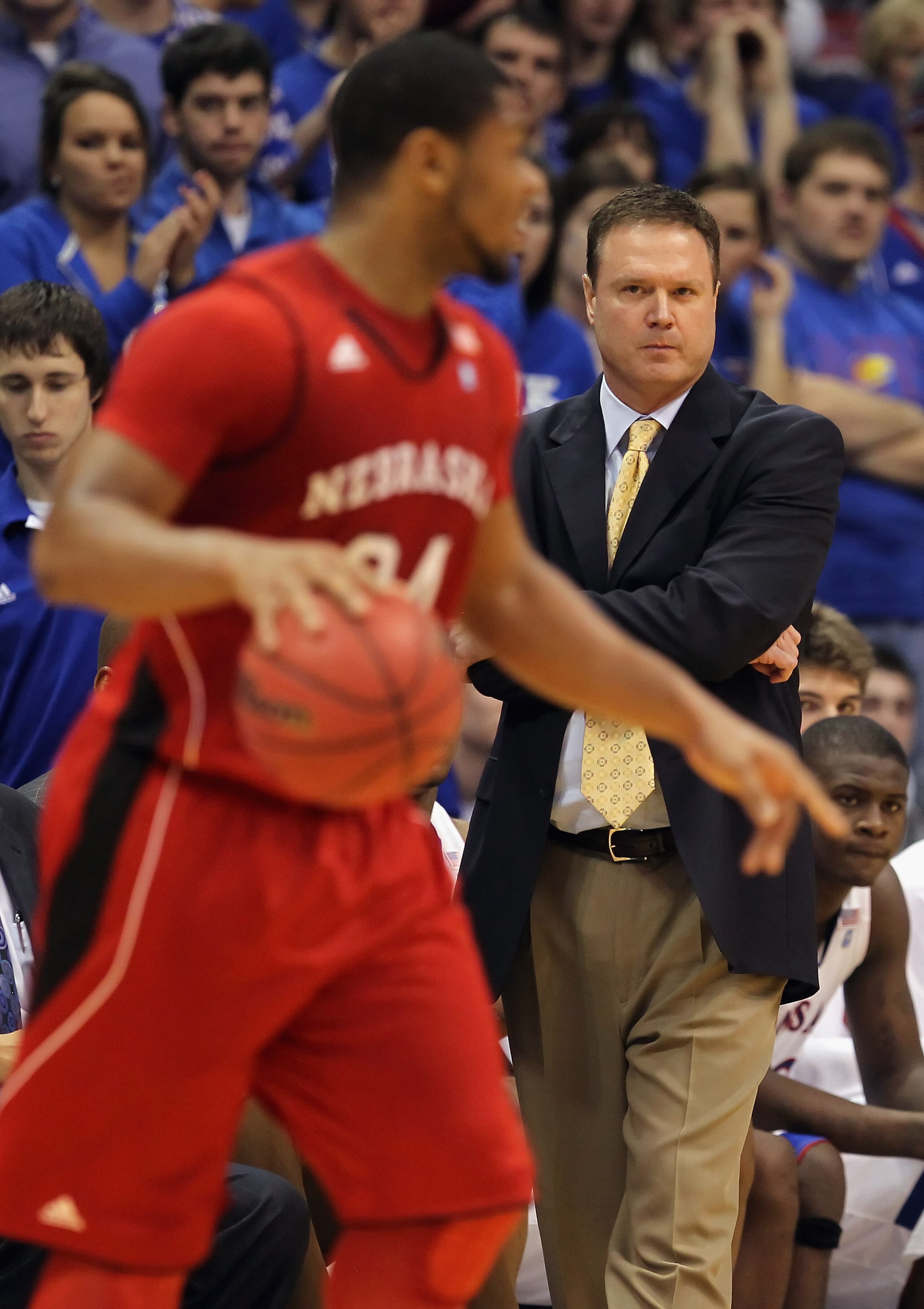 LAWRENCE, KS - JANUARY 15:  Head coach Bill Self of the Kansas Jayhawks looks on from the bench as Lance Jeter #34 of the Nebraska Cornhuskers controls the ball during the game on January 15, 2011 at Allen Fieldhouse in Lawrence, Kansas.  (Photo by Jamie
