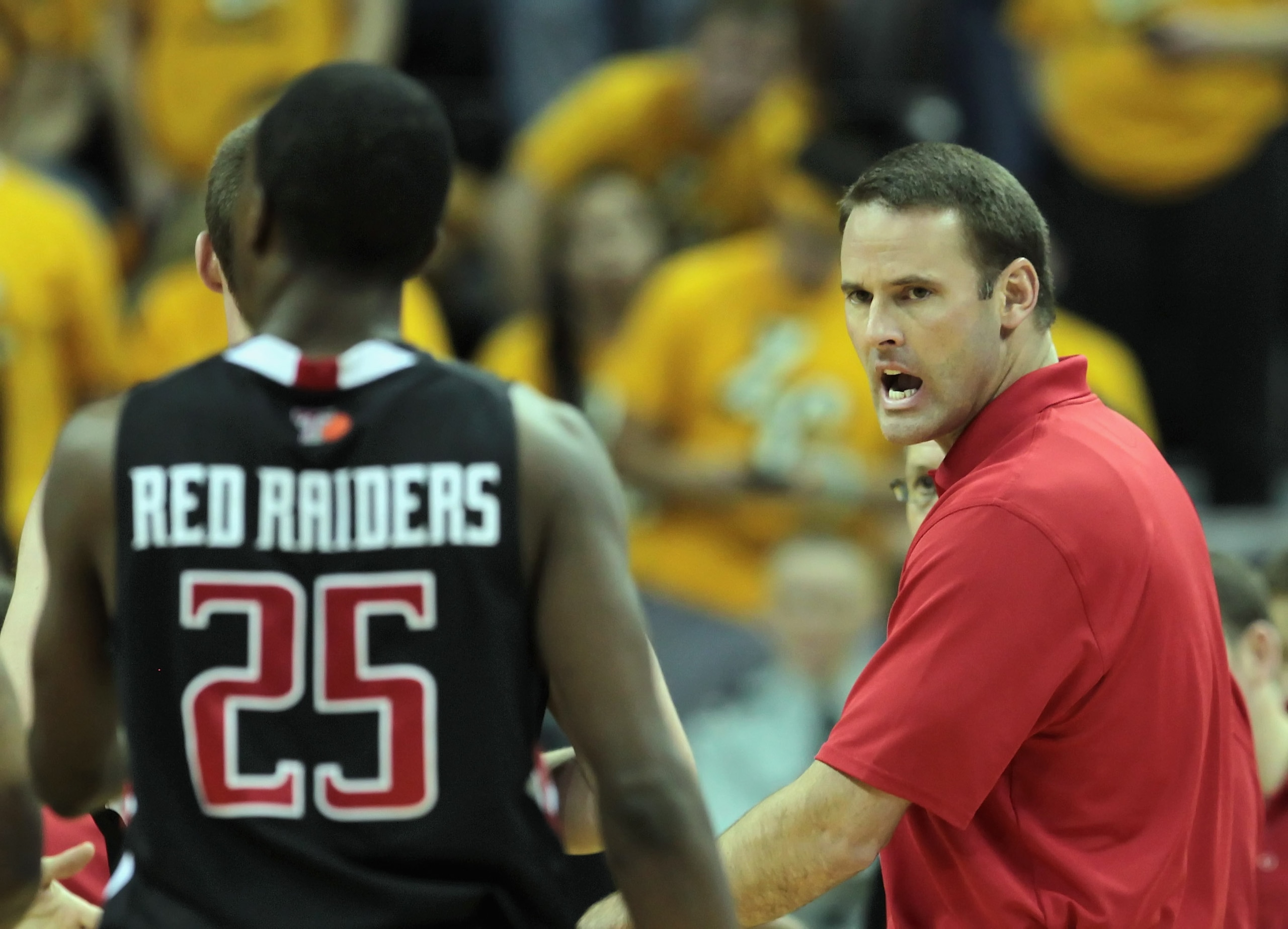 COLUMBIA, MO - FEBRUARY 15:  Head coach Pat Knight of the Texas Tech Red Raiders yelss toward players during the game against the Missouri Tigers on February 15, 2011 at Mizzou Arena in Columbia, Missouri.  (Photo by Jamie Squire/Getty Images)