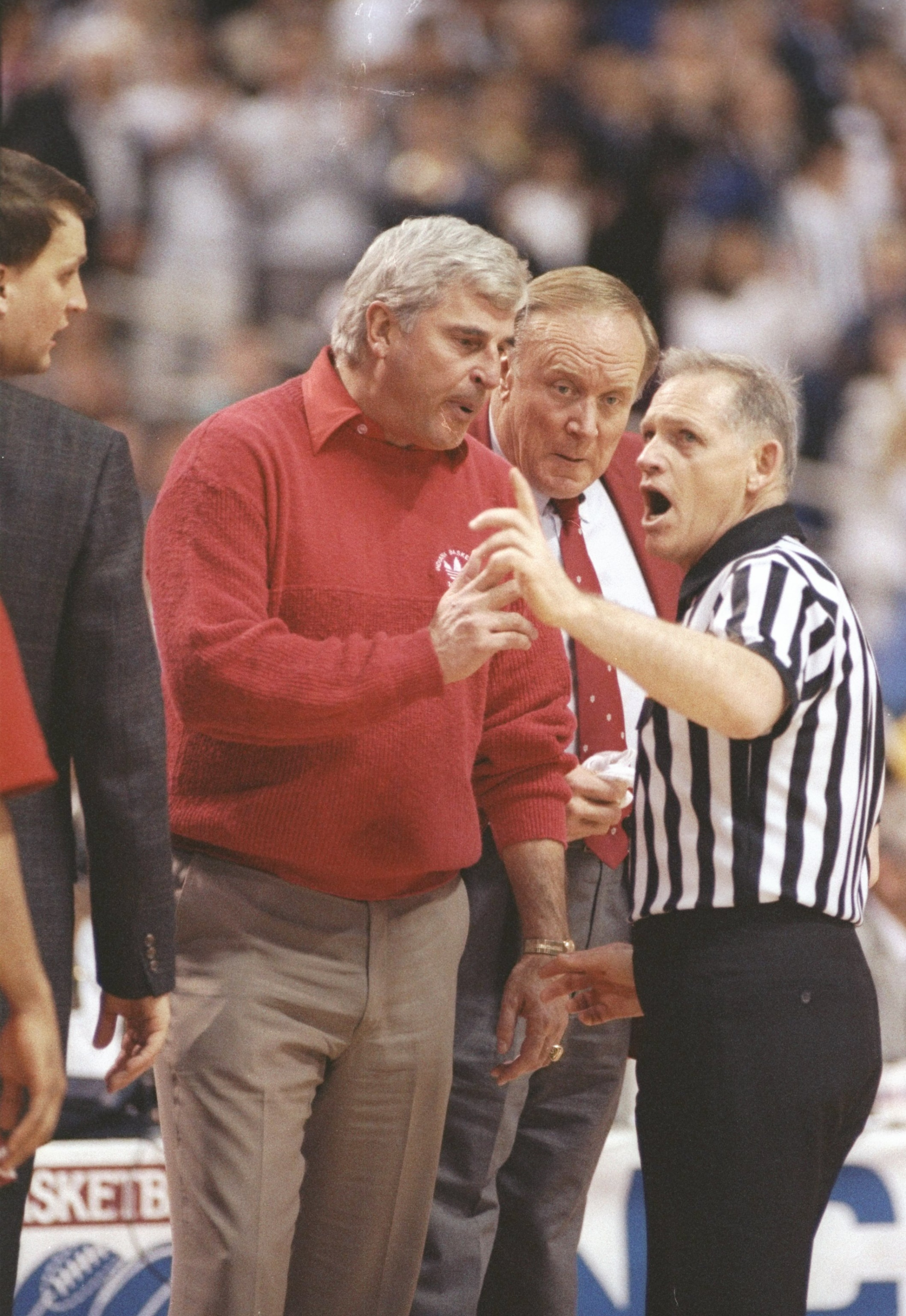 4 Apr 1992:  Coach Bobby Knight of the Indiana Hoosiers argues with an official during a playoff game against the Duke Blue Devils at the Hubert H. Humphrey Metrodome in Minneapolis, Minnesota.  Duke won the game 81-78. Mandatory Credit: Jonathan Daniel