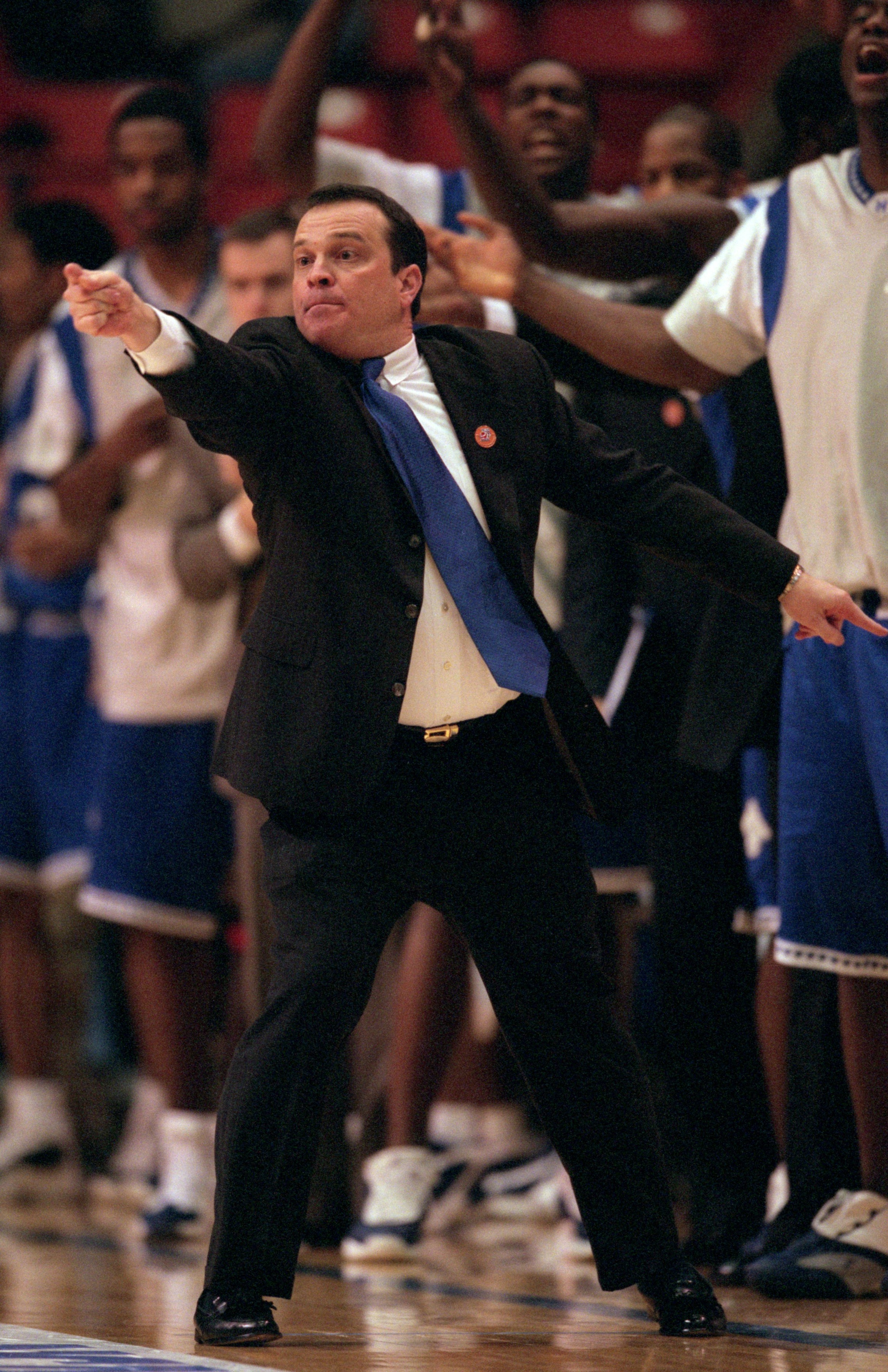 15 Mar 2001:  Head Coach Steve Merfeld of the Hampton Pirates pionts from the sidelines during the game against the Iowa State Cyclones at the Boise State Pavilion in Boise, Idaho. The Pirates defeated the Cyclones 58-57.Mandatory Credit: Brian Bahr  /All