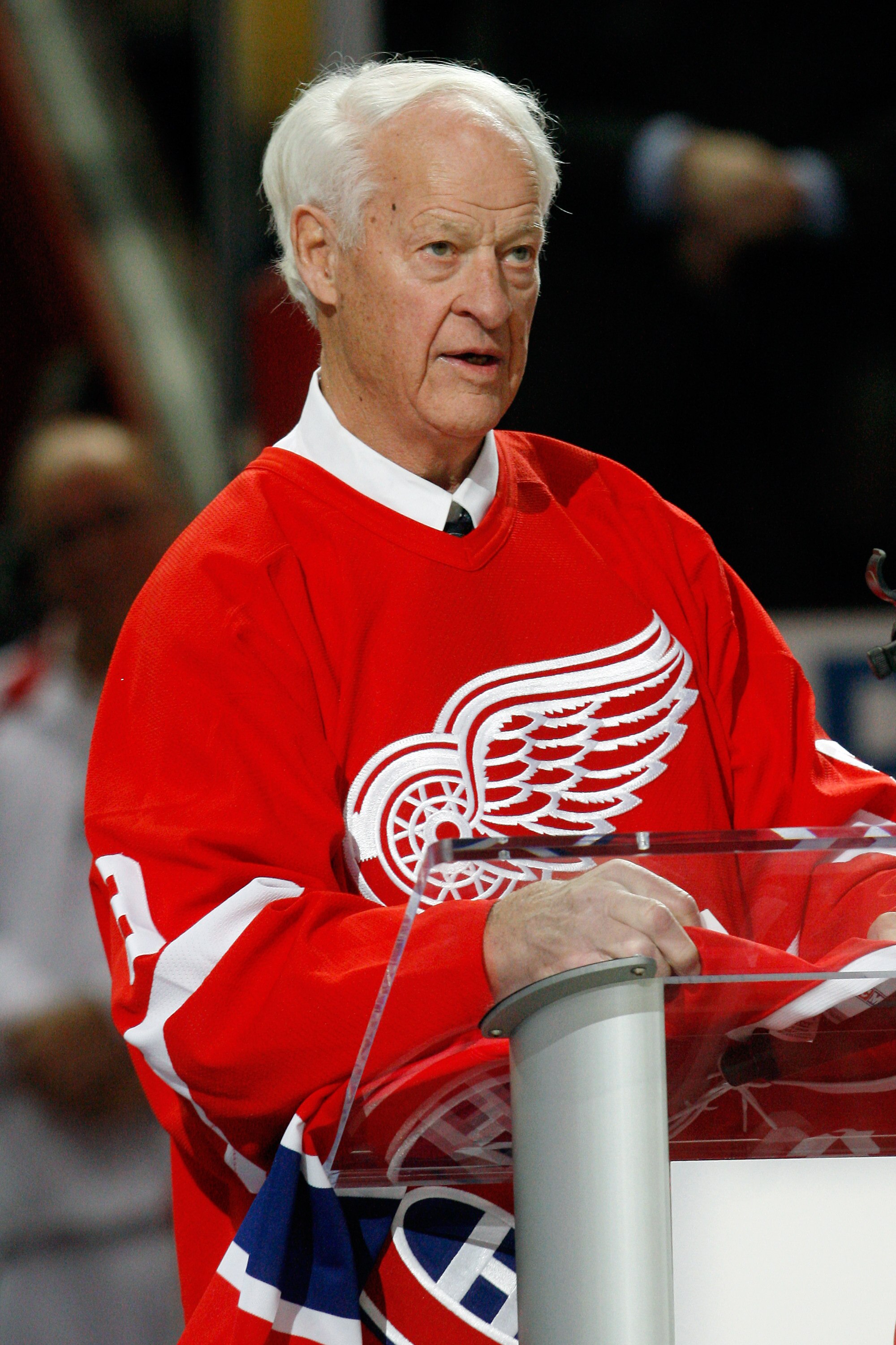 MONTREAL- DECEMBER 4:  Gordie Howe speaks to fans during the Centennial Celebration ceremonies prior to the NHL game between the Montreal Canadiens and Boston Bruins on December 4, 2009 at the Bell Centre in Montreal, Quebec, Canada.  The Canadiens defeat