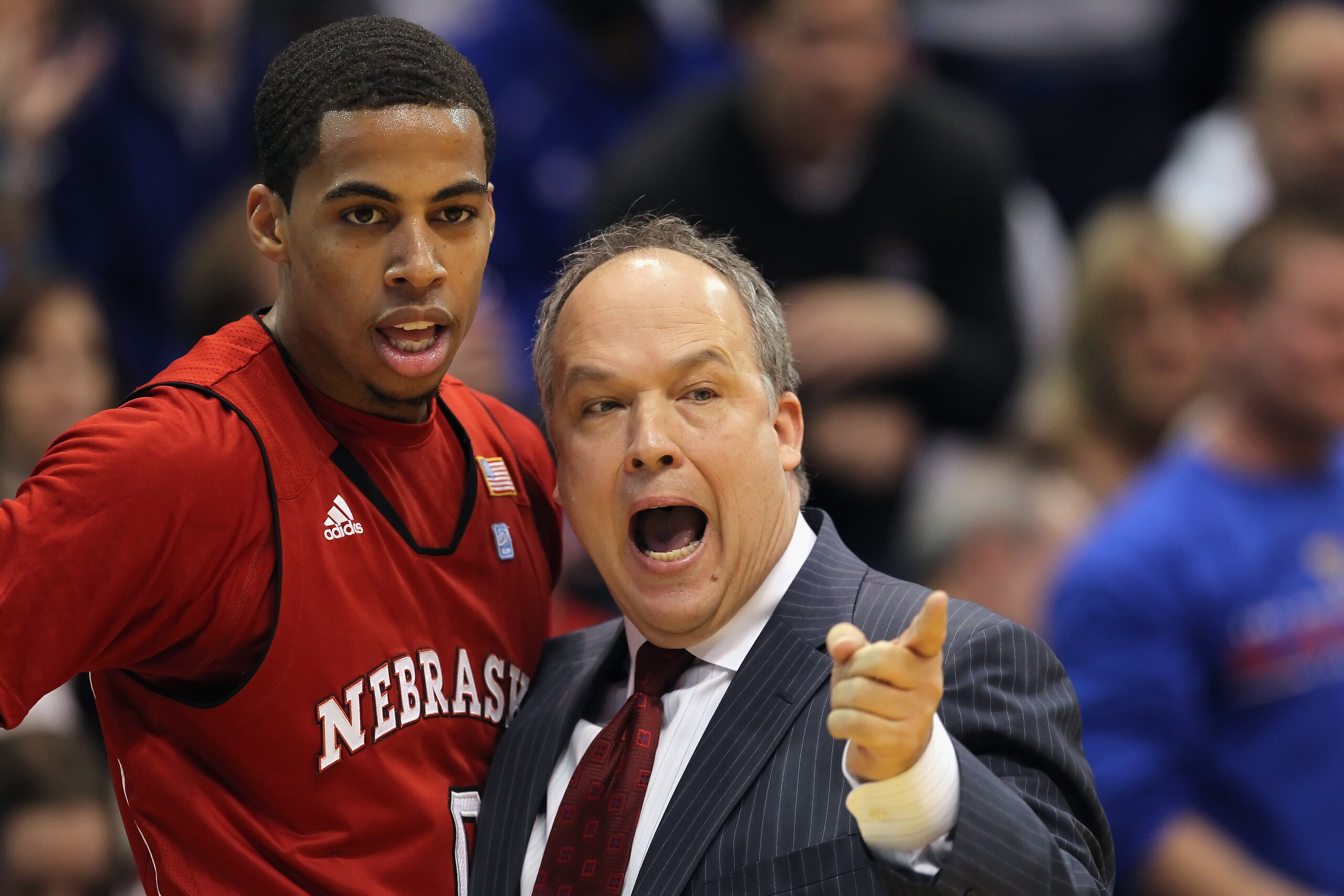 LAWRENCE, KS - JANUARY 15:  Head coach Doc Sadler of the Nebraska Cornhuskers instructs Toney McCray #0 during the game against the Kansas Jayhawks on January 15, 2011 at Allen Fieldhouse in Lawrence, Kansas.  (Photo by Jamie Squire/Getty Images)