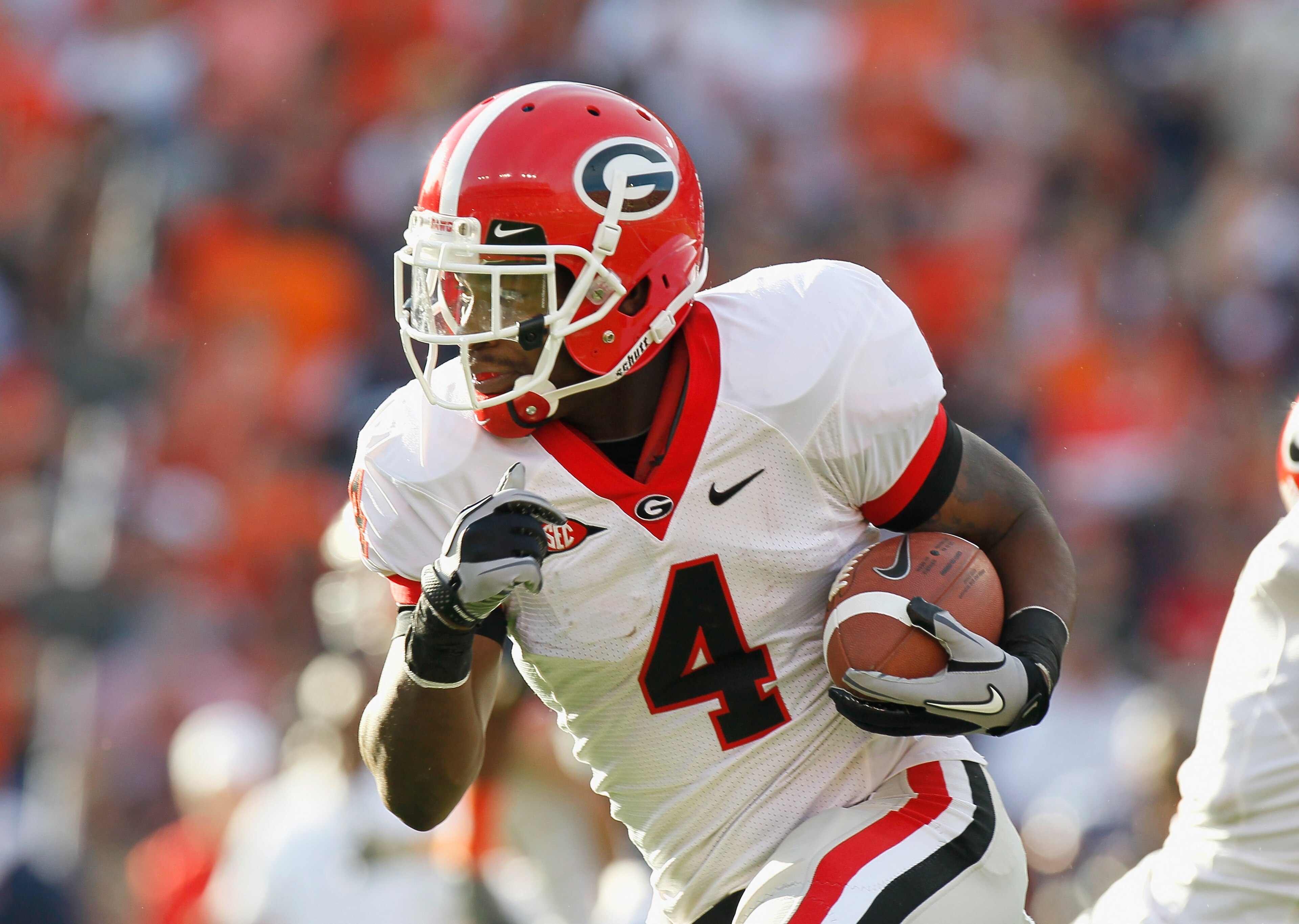 AUBURN, AL - NOVEMBER 13: Caleb King #4 of the Georgia Bulldogs against the Auburn Tigers at Jordan-Hare Stadium on November 13, 2010 in Auburn, Alabama. (Photo by Kevin C. Cox/Getty Images) AUBURN, AL - NOVEMBER 13: Caleb King #4 of the Georgia Bulldogs against the Auburn Tigers at Jordan-Hare Stadium on November 13, 2010 in Auburn, Alabama. (Photo by Kevin C. Cox/Getty Images)