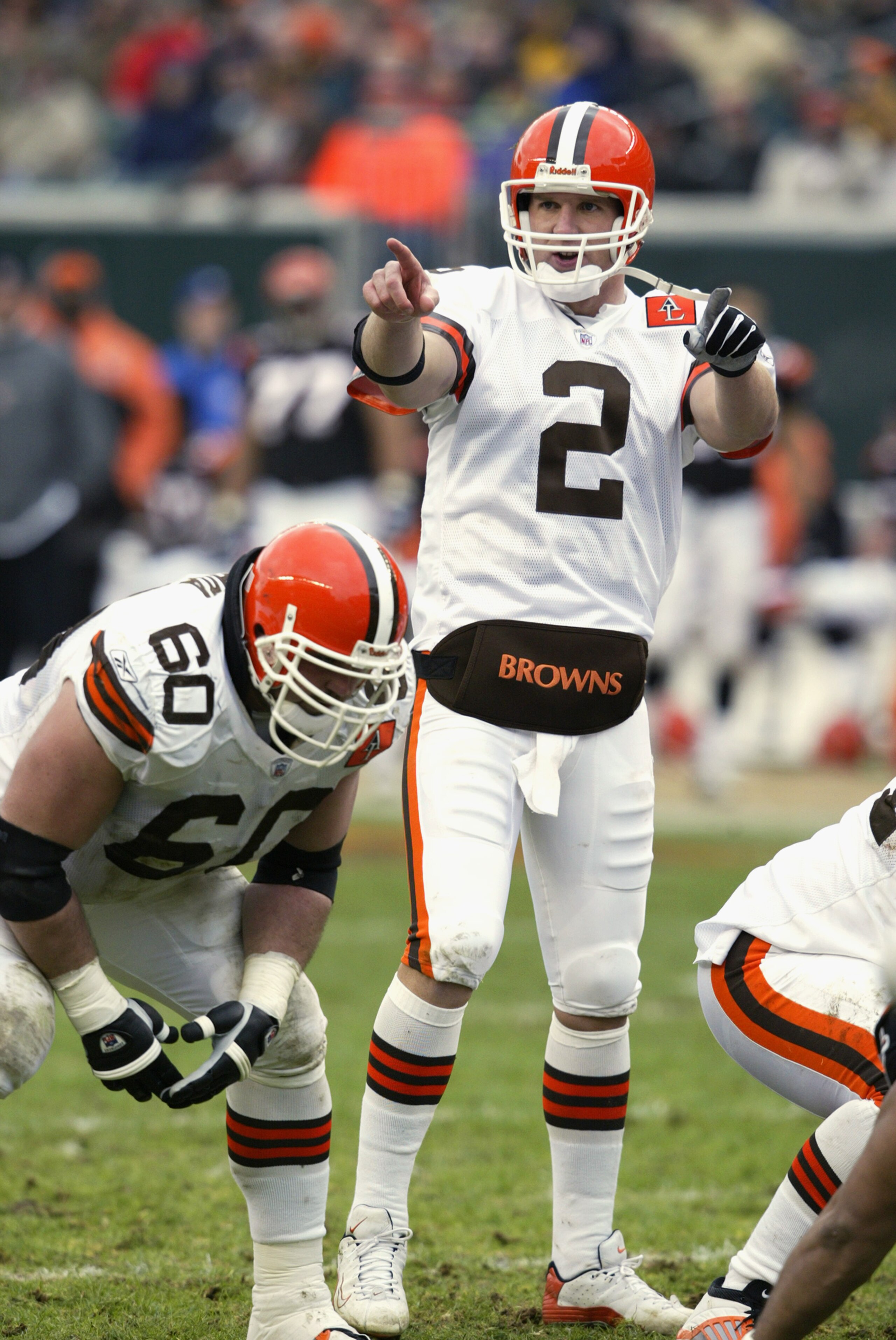 CINCINNATI - NOVEMBER 17: Quarterback Tim Couch #2 of the Cleveland Browns calls the play at the line of scrimmage during the NFL game against the Cincinnati Bengals at Paul Brown Stadium on November 17, 2002 in Cincinnati, Ohio. The Browns defeated the CINCINNATI - NOVEMBER 17: Quarterback Tim Couch #2 of the Cleveland Browns calls the play at the line of scrimmage during the NFL game against the Cincinnati Bengals at Paul Brown Stadium on November 17, 2002 in Cincinnati, Ohio. The Browns defeated the