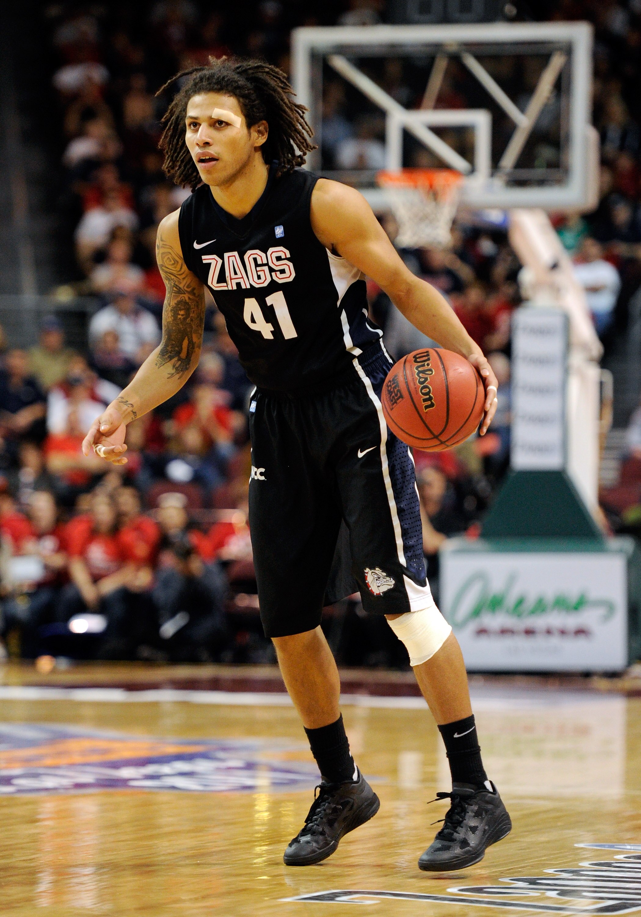 LAS VEGAS, NV - MARCH 07:  Steven  Gray #41 of the Gonzaga Bulldogs brings the ball up the court against the Saint Mary's Gaels during the championship game of the Zappos.com West Coast Conference Basketball tournament at the Orleans Arena March 7, 2011 i