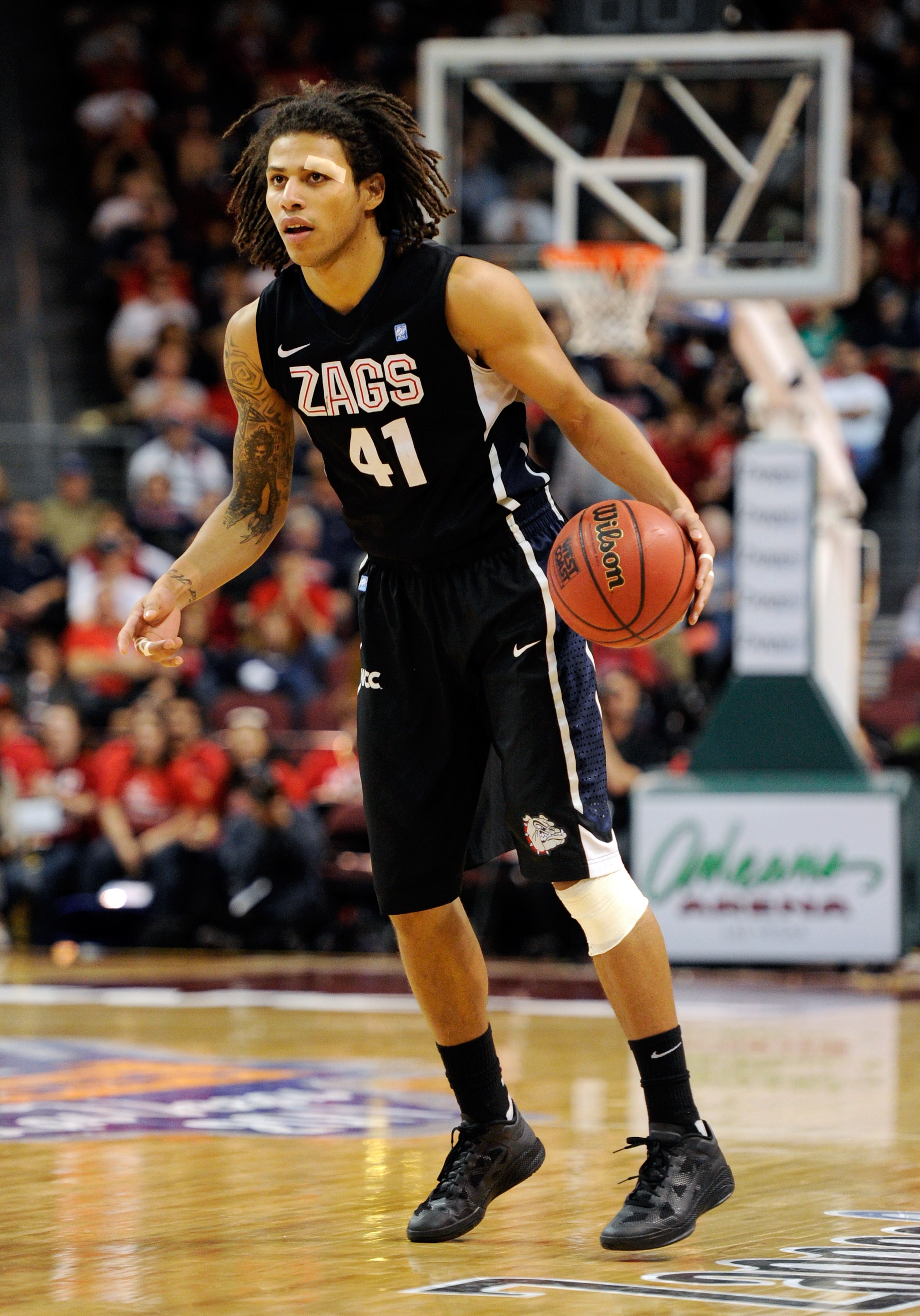 LAS VEGAS, NV - MARCH 07:  Steven  Gray #41 of the Gonzaga Bulldogs brings the ball up the court against the Saint Mary's Gaels during the championship game of the Zappos.com West Coast Conference Basketball tournament at the Orleans Arena March 7, 2011 i
