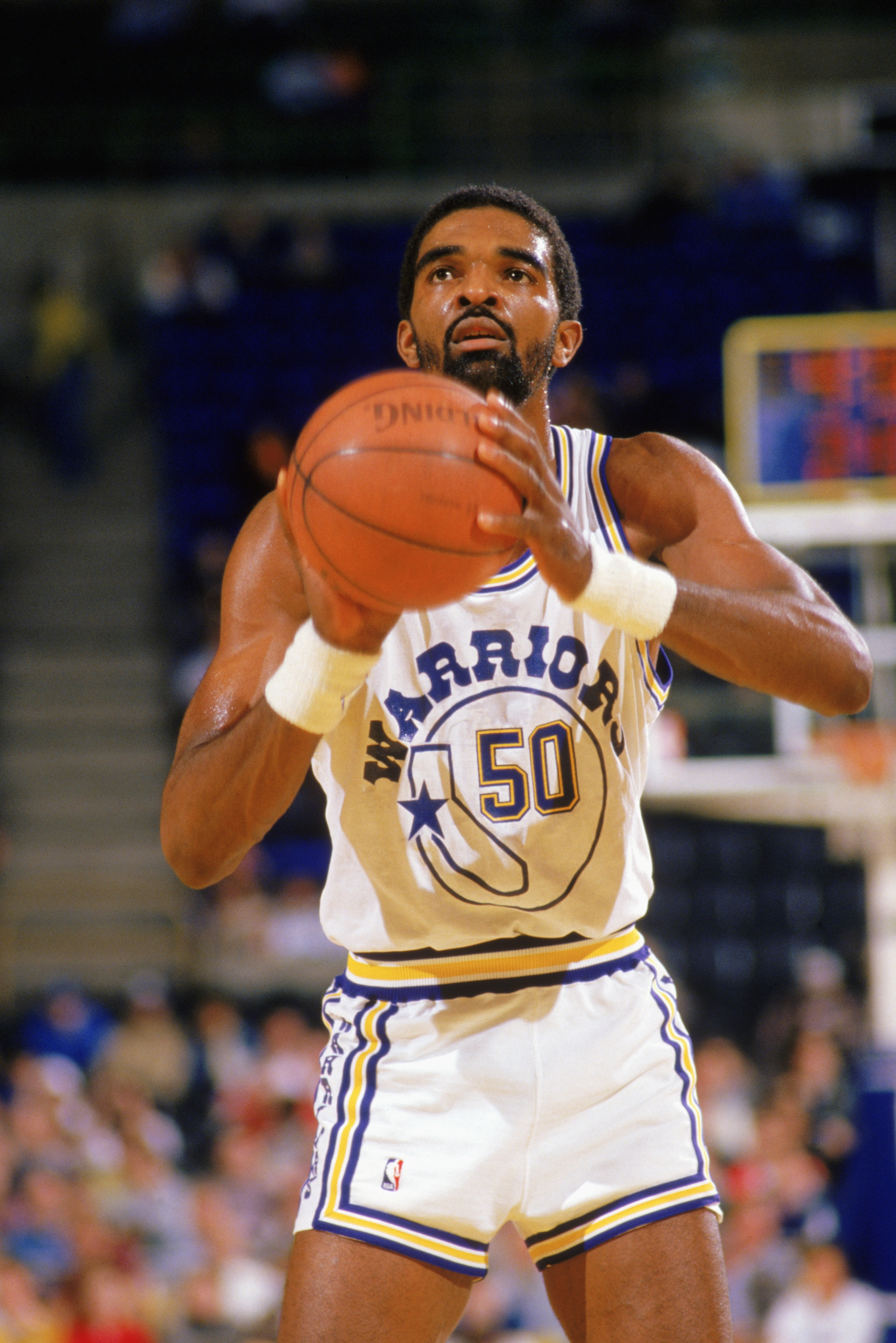1987:  Ralph Sampson #50 of the Golden State Warriors makes a free throw during an NBA game in the 1987-88 season. NOTE TO USER: User expressly acknowledges and agrees that, by downloading and/or using this Photograph, User is consenting to the terms and
