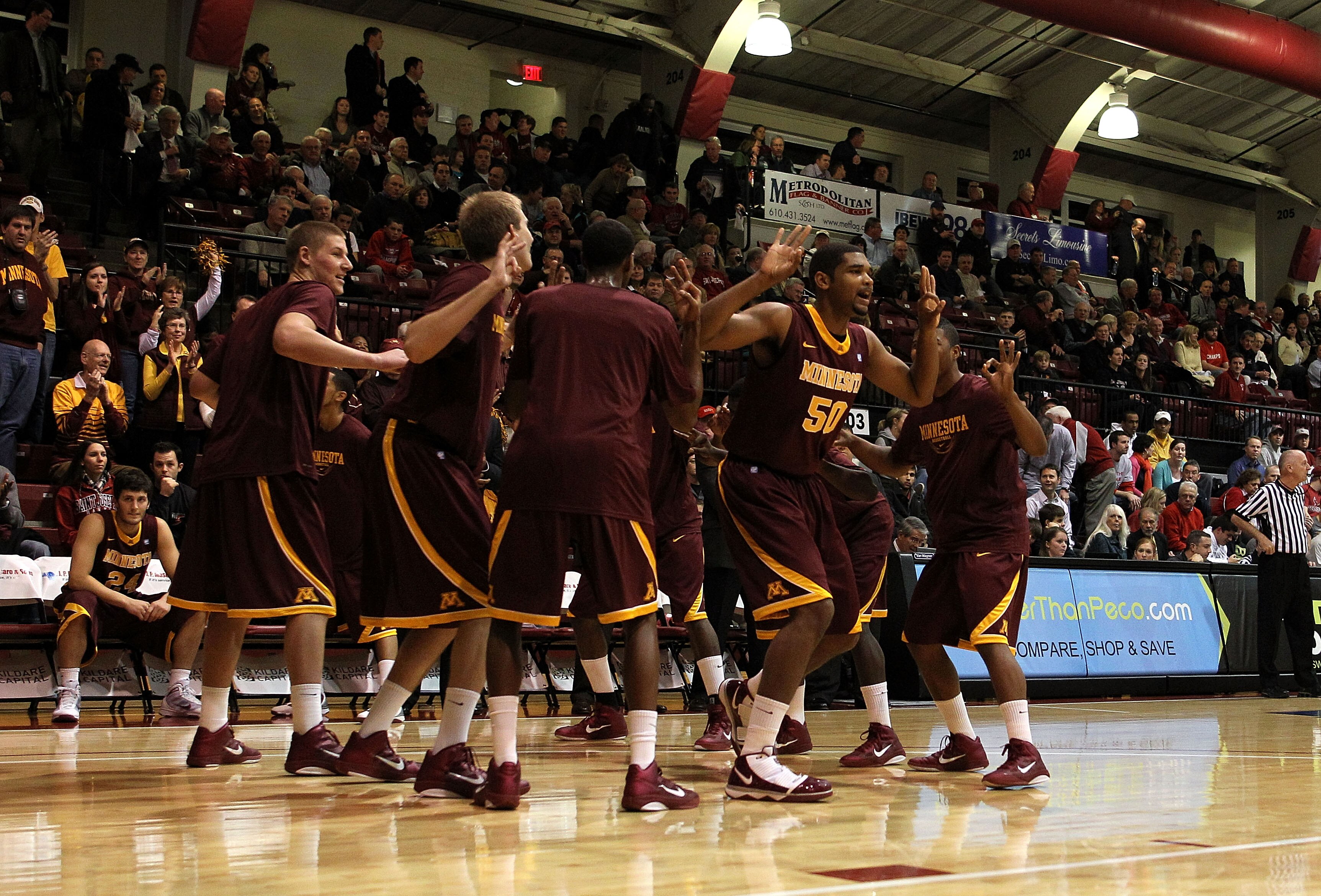 PHILADELPHIA, PA - DECEMBER 08:  Ralph Sampson III #50 of the Minnesota Golden Gophers takes the court during player introductions against the St. Joseph's Hawks at Michael J. Hagan Arena on December 8, 2010 in Philadelphia, Pennsylvania.  (Photo by Chris