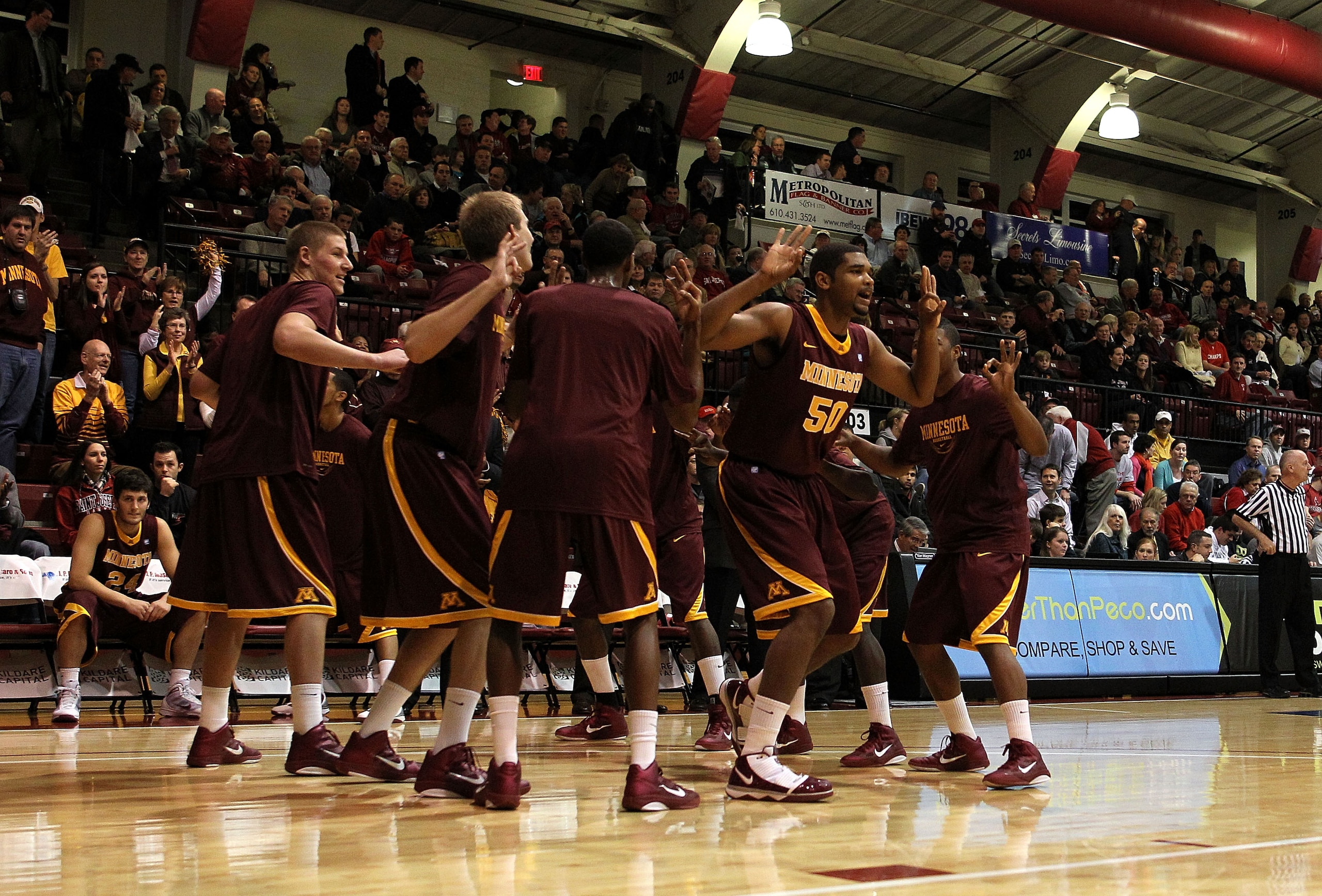 PHILADELPHIA, PA - DECEMBER 08:  Ralph Sampson III #50 of the Minnesota Golden Gophers takes the court during player introductions against the St. Joseph's Hawks at Michael J. Hagan Arena on December 8, 2010 in Philadelphia, Pennsylvania.  (Photo by Chris