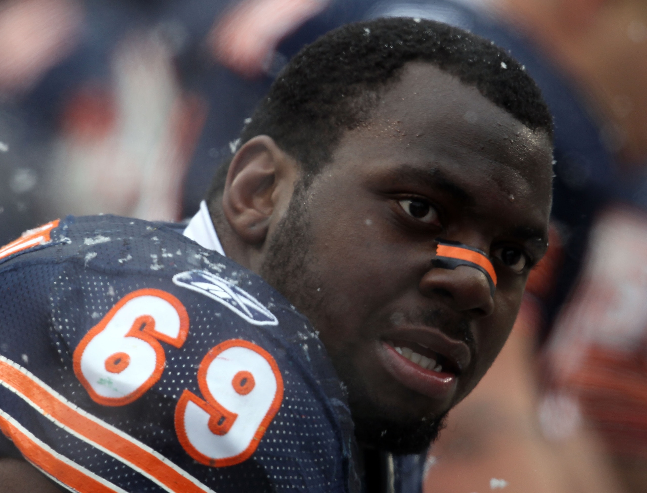 CHICAGO, IL - JANUARY 16:  Henry Melton #69 of the Chicago Bears looks on from the bench against the Seattle Seahawks in the 2011 NFC divisional playoff game at Soldier Field on January 16, 2011 in Chicago, Illinois.  (Photo by Jonathan Daniel/Getty Image