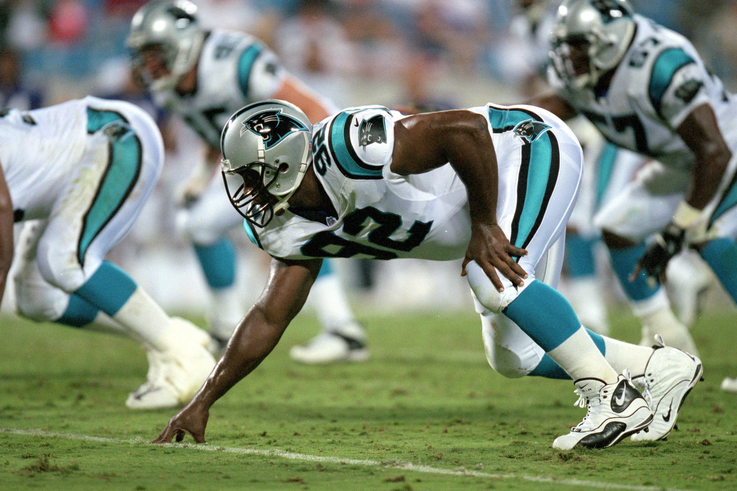 18 Aug 2000:  Reggie White #92 of the Carolina Panthers gets ready for the play during the Pre-Season game against the Baltimore Ravens at Ericsson Stadium in Charlotte, North Carolina.  The Ravens defeated the Panthers 24-13.Mandatory Credit: Craig Jones