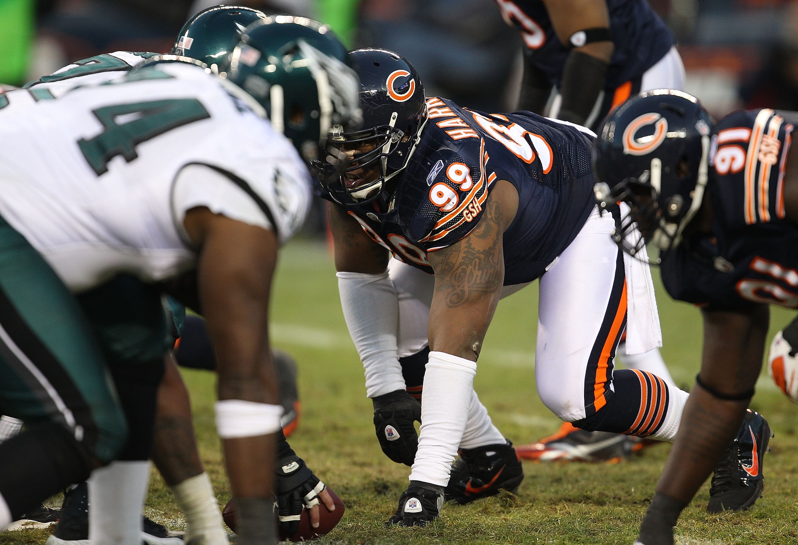 CHICAGO - NOVEMBER 28: Marcus Harrison #99 of the Chicago Bears prepares to rush against the Philadelphia Eagles at Soldier Field on November 28, 2010 in Chicago, Illinois. The Bears defeated the Eagles 31-26. (Photo by Jonathan Daniel/Getty Images)