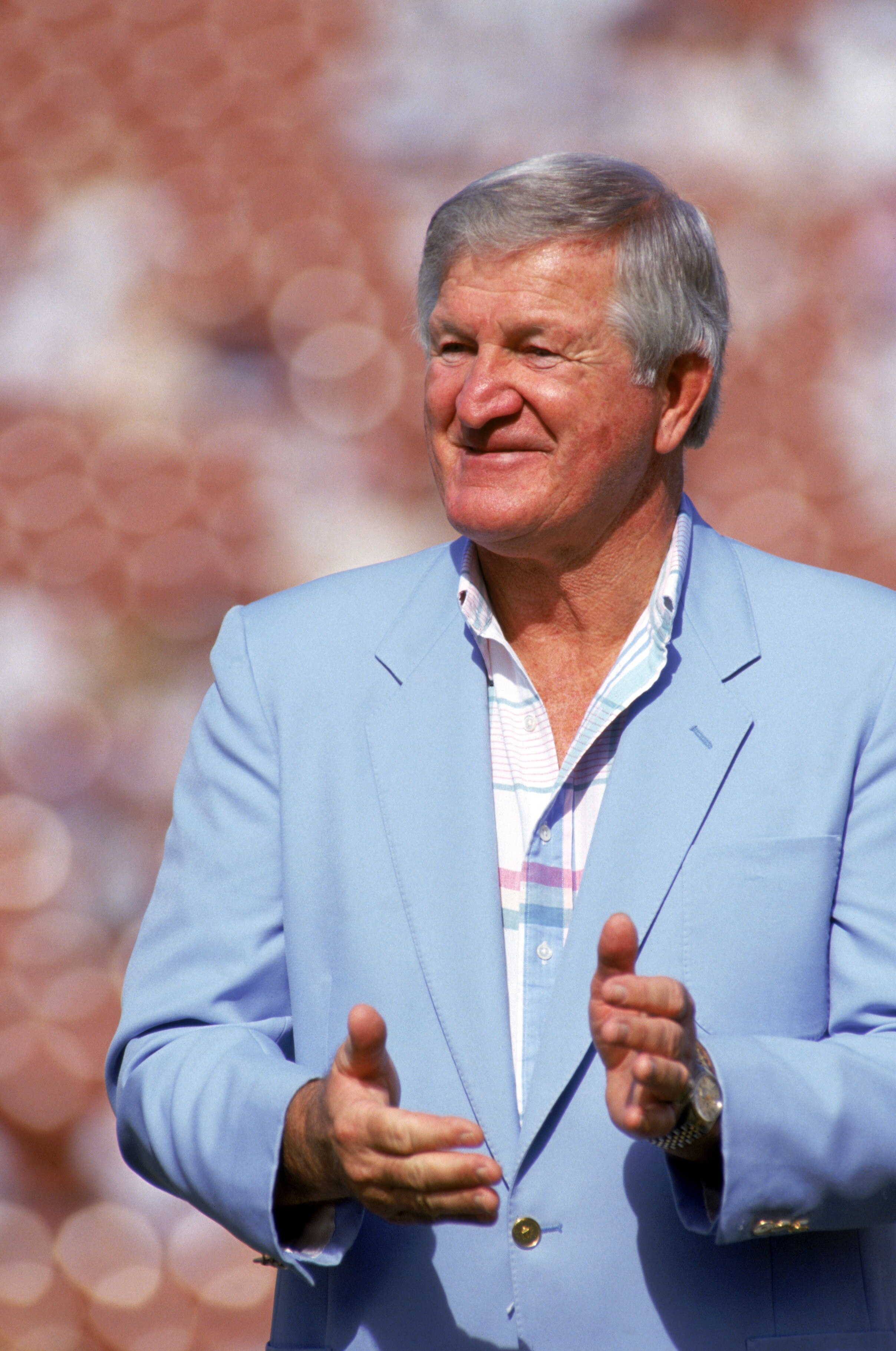 LOS ANGELES - NOVEMBER 11:  Hall of Famer and former Raiders quarterback, George Blanda, attends a game between the Green Bay Packers and the Los Angeles Raiders at the Los Angeles Memorial Coliseum on November 11, 1990 in Los Angeles, California.  The Pa