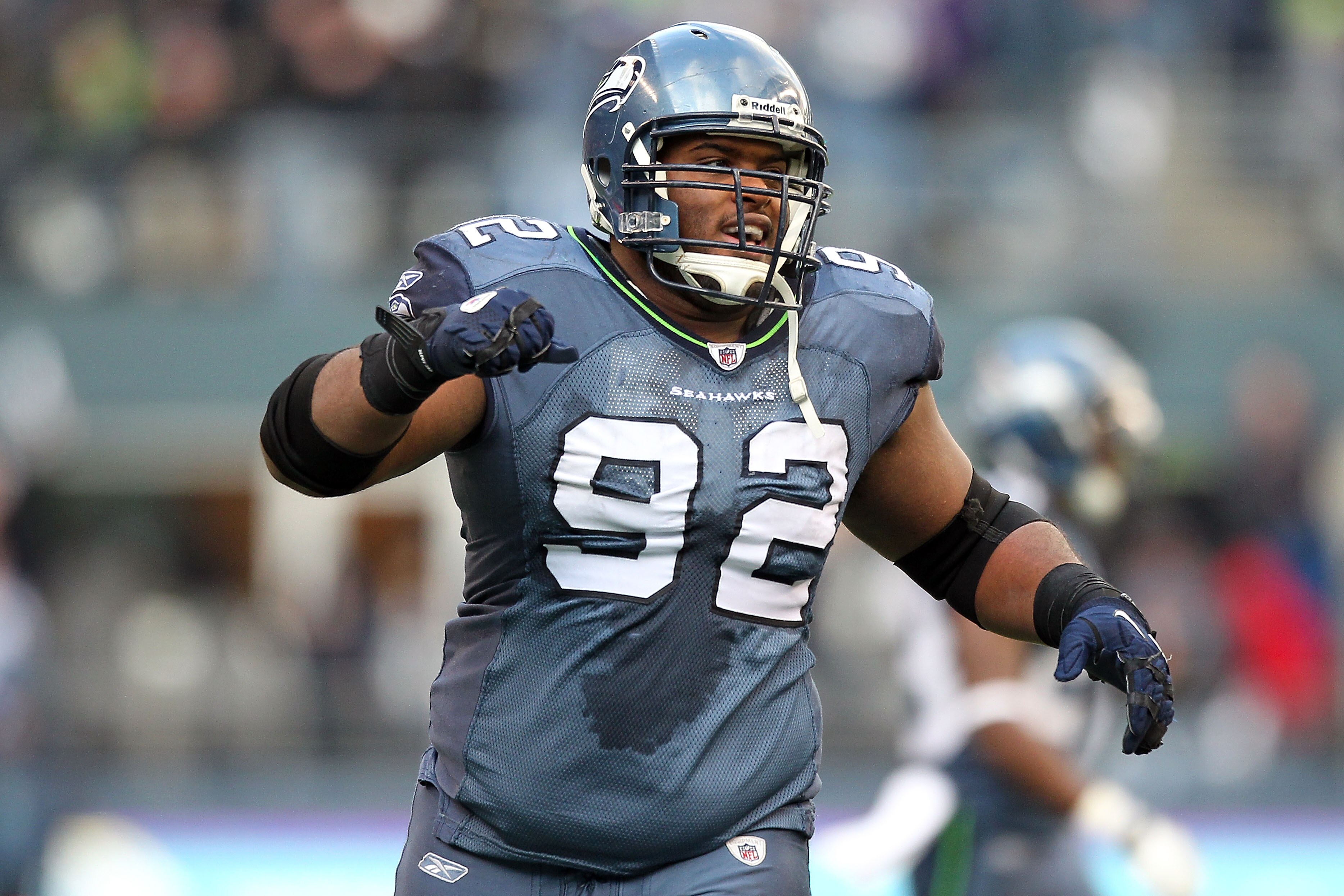 SEATTLE, WA - JANUARY 08:  Defensive tackle Brandon Mebane #92 of the Seattle Seahawks reacts in the second quarter against the New Orleans Saints during the 2011 NFC wild-card playoff game at Qwest Field on January 8, 2011 in Seattle, Washington.  (Photo