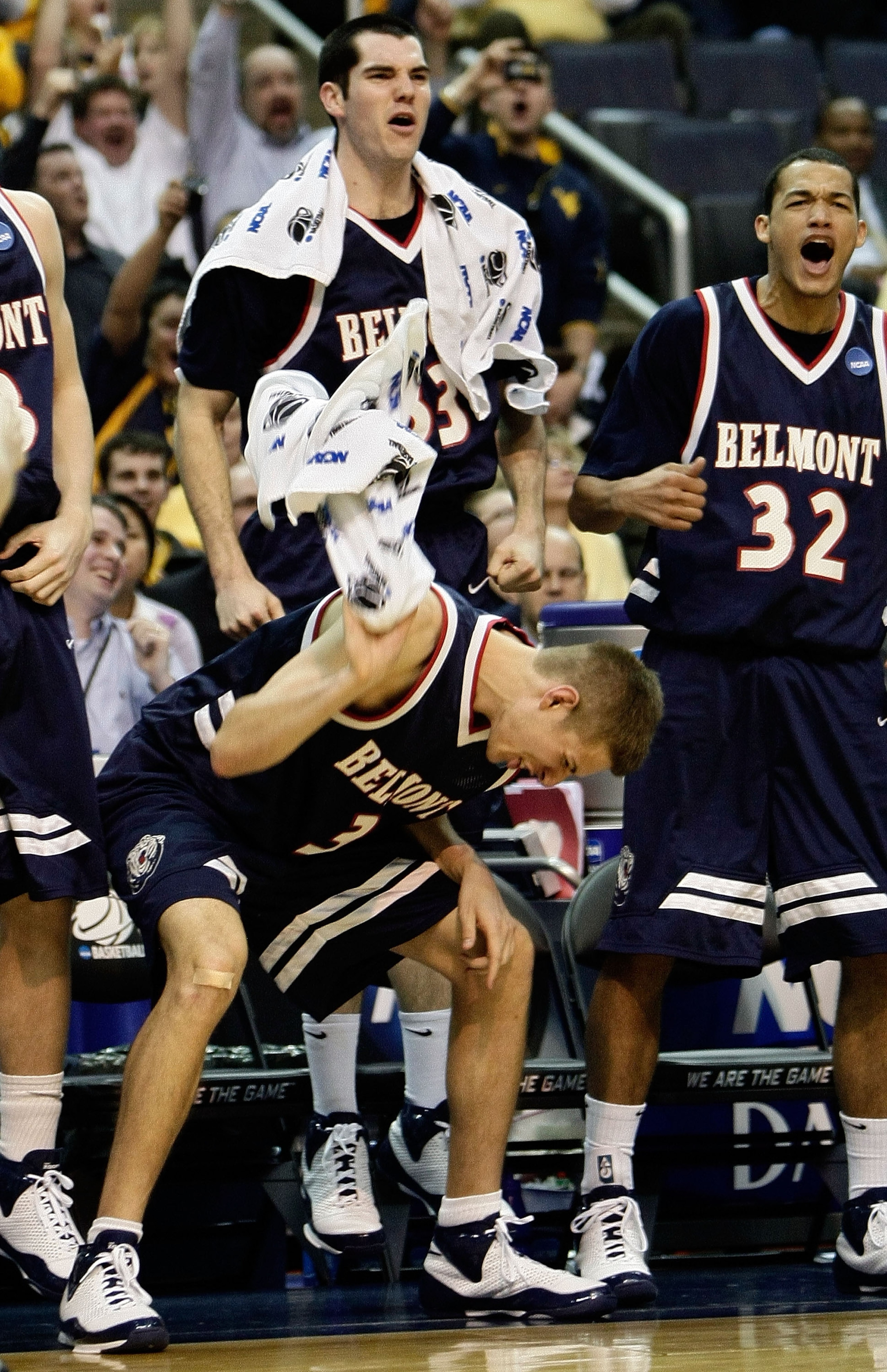 WASHINGTON - MARCH 20:  Keaton Belcher #3, Will Peeples #33 and Jordan Campbell #32 of the Belmont Bruins react to a play from the bench against the Duke Blue Devils during the first round of the West Regional as part of the 2008 NCAA Men's Basketball Tou