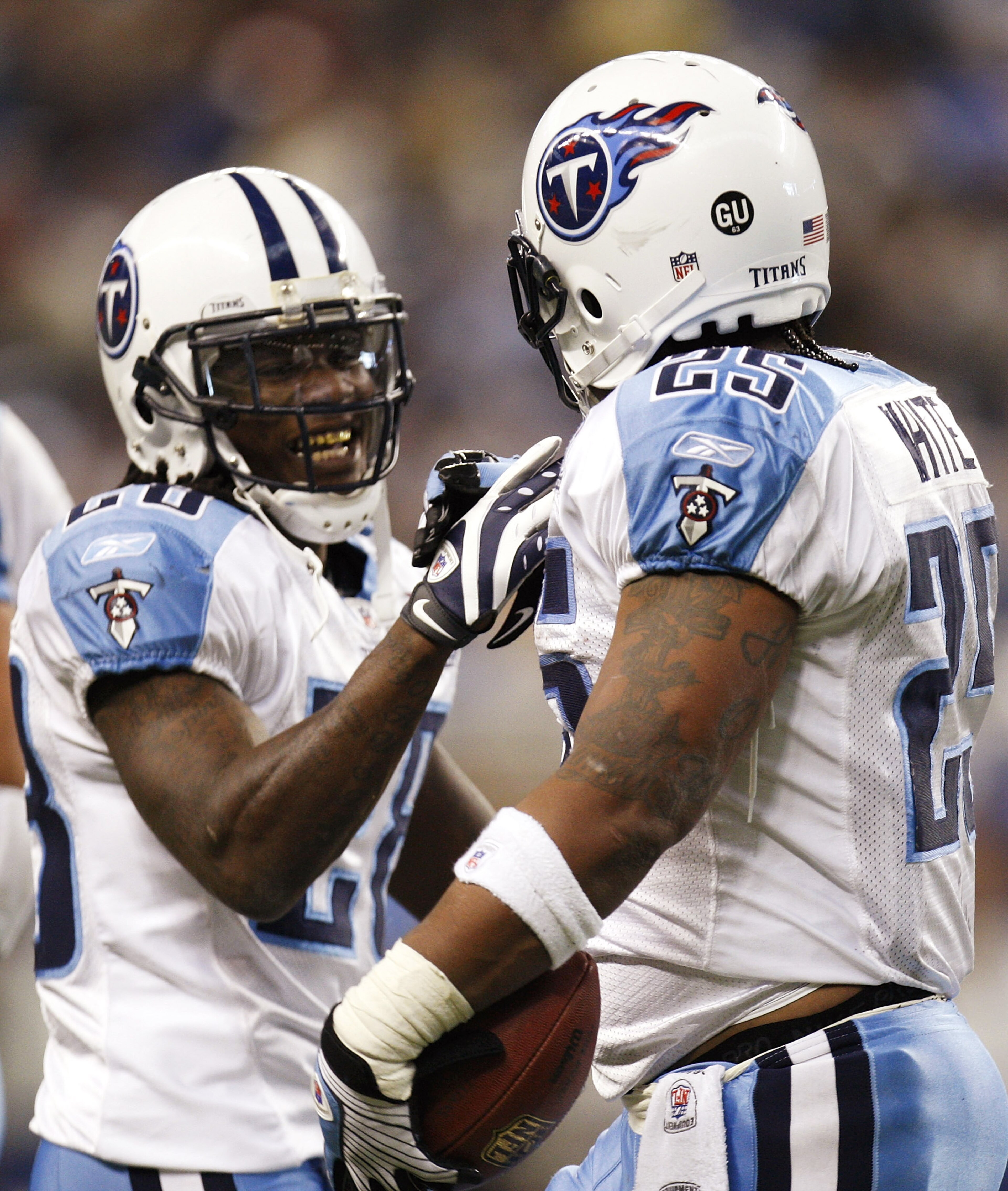 DETROIT , MI - NOVEMBER 27: LenDale White #25 of the Tennessee Titans celebrates a second quarter touchdown with Chris Johnson #28 while playing the Detroit Lions on November 27, 2008 at Ford Field in Detroit, Michigan. (Photo by Gregory Shamus/Getty Im DETROIT , MI - NOVEMBER 27: LenDale White #25 of the Tennessee Titans celebrates a second quarter touchdown with Chris Johnson #28 while playing the Detroit Lions on November 27, 2008 at Ford Field in Detroit, Michigan. (Photo by Gregory Shamus/Getty Im