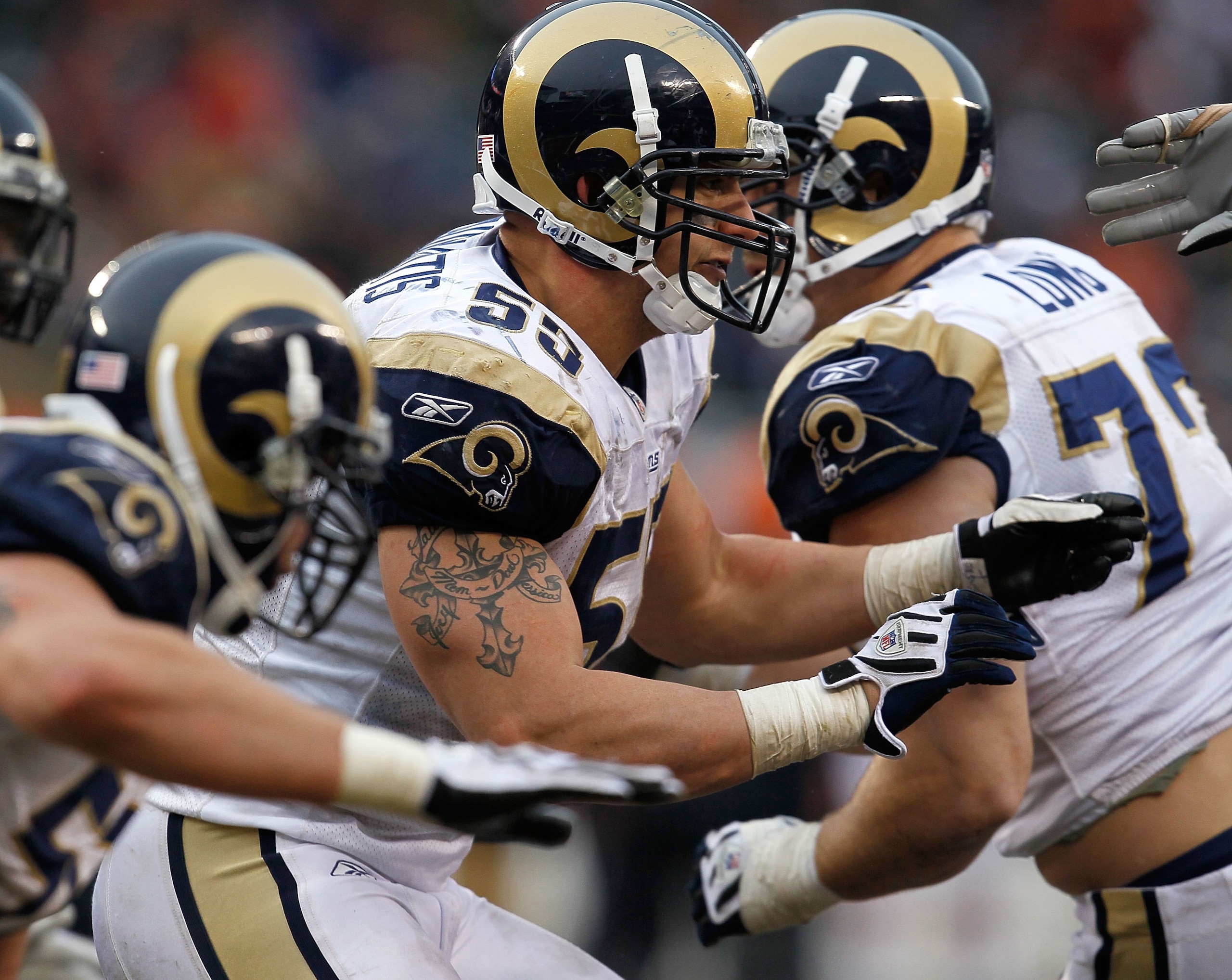CHICAGO - DECEMBER 06: James Laurinaitis #55 of the St. Louis Rams plays against the Chicago Bears at Soldier Field on December 6, 2009 in Chicago, Illinois. The Bears defeated the Rams 17-9. (Photo by Jonathan Daniel/Getty Images)