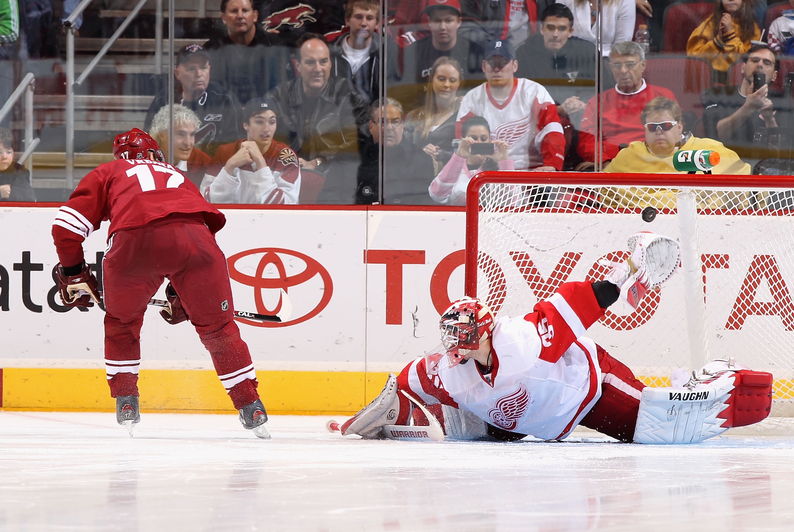 GLENDALE, AZ - MARCH 05:  Radim Vrbata #17 of the Phoenix Coyotes scores a shoot out goal over goaltender Jimmy Howard #35 of the Detroit Red Wings during the NHL game at Jobing.com Arena on March 5, 2011 in Glendale, Arizona. The Coyotes defeated the Red