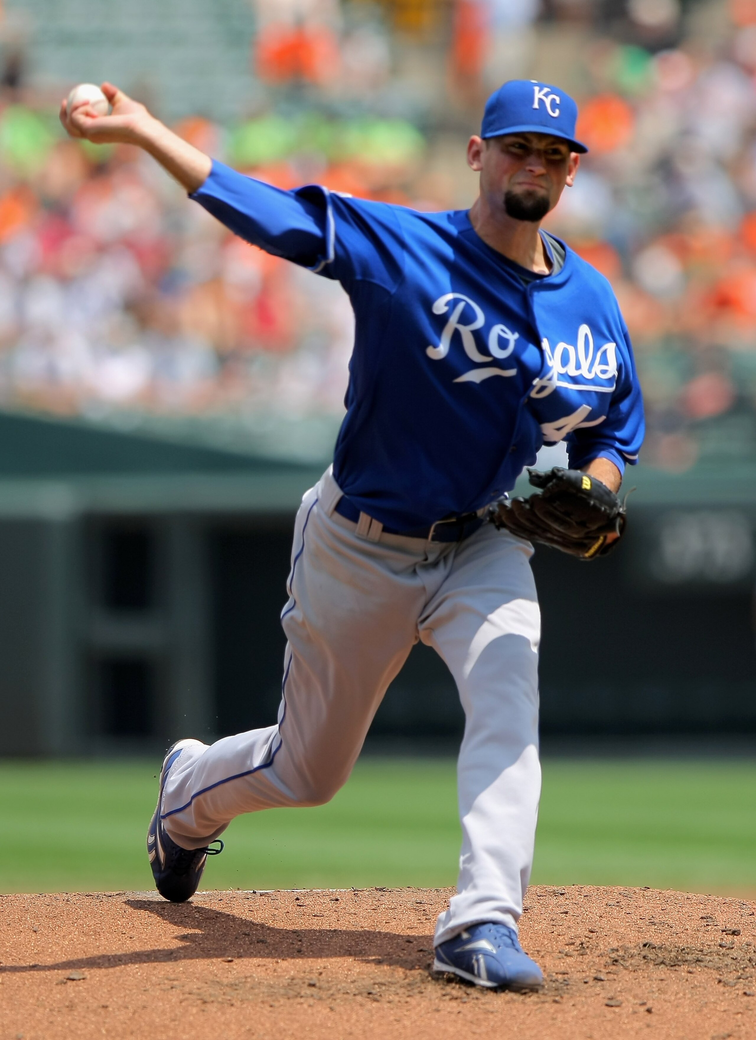 BALTIMORE - JULY 30:  Starting pitcher Luke Hochevar #44 of the Kansas City Royals delivers against the Baltimore Orioles during MLB action at Oriole Park at Camden Yards on July 30, 2009 in Baltimore, Maryland. Hochevar collected the loss as the Orioles