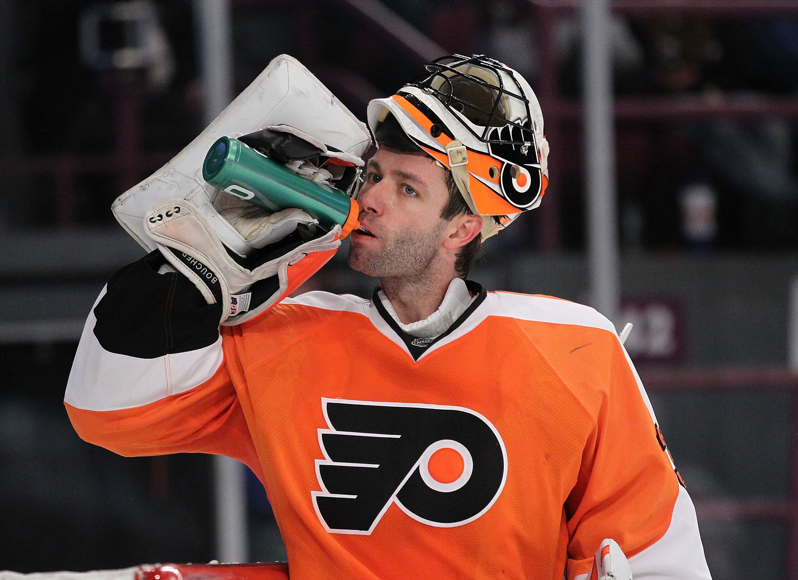 NEW YORK - MARCH 06: Brian Boucher #33 of the Philadelphia Flyers drinks water during the game against The New York Rangers on March 6, 2011 at Madison Square Garden in New York City, New York.  (Photo by Al Bello/Getty Images)