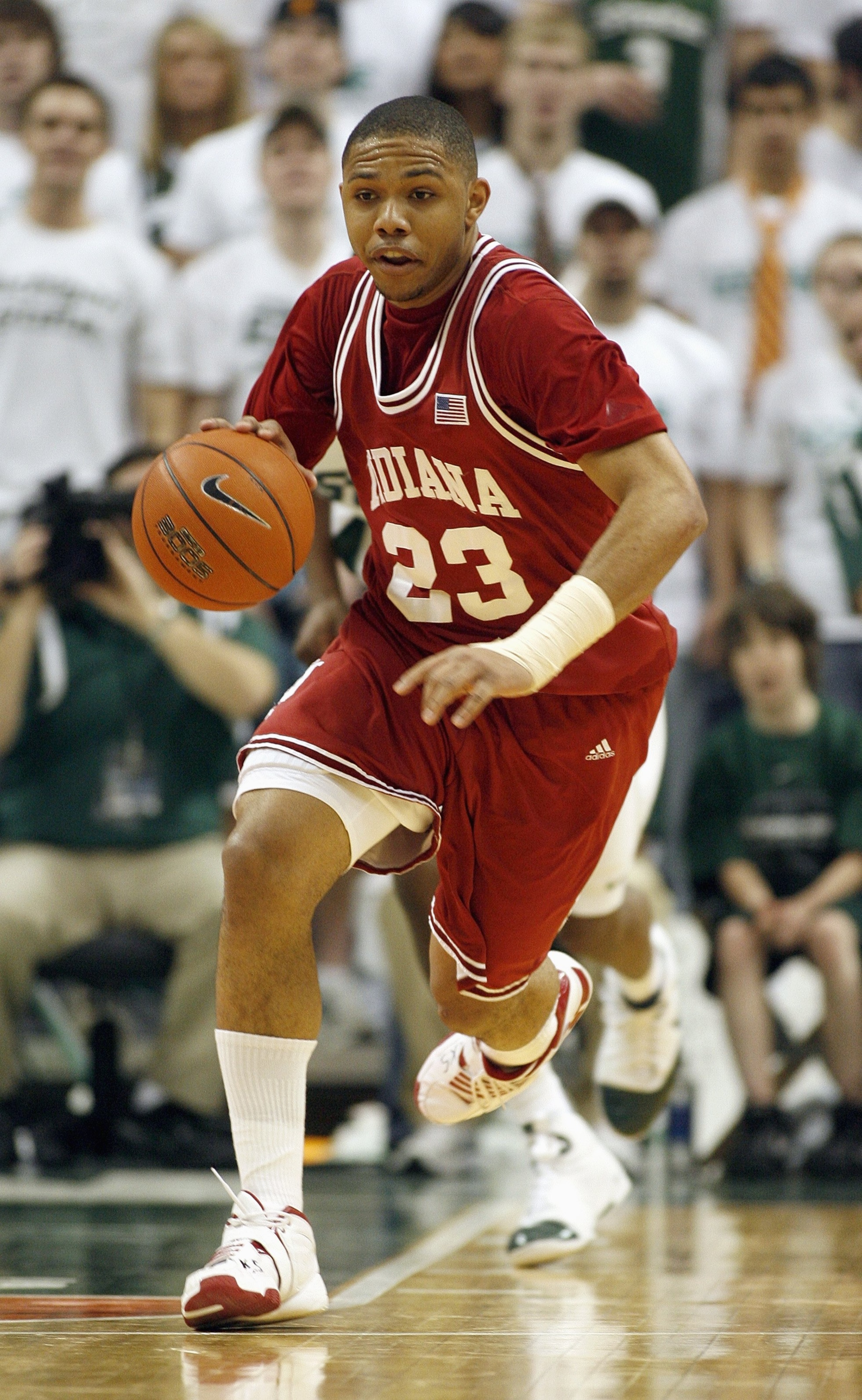 EAST LANSING, MI - MARCH 02: Eric Gordon #23 of the Indiana Hoosiers drives the ball against the Michigan State Spartans at the Breslin Center March 2, 2008 in East Lansing, Michigan. Michigan State won the game 103-74. (Photo by Gregory Shamus/Getty Imag