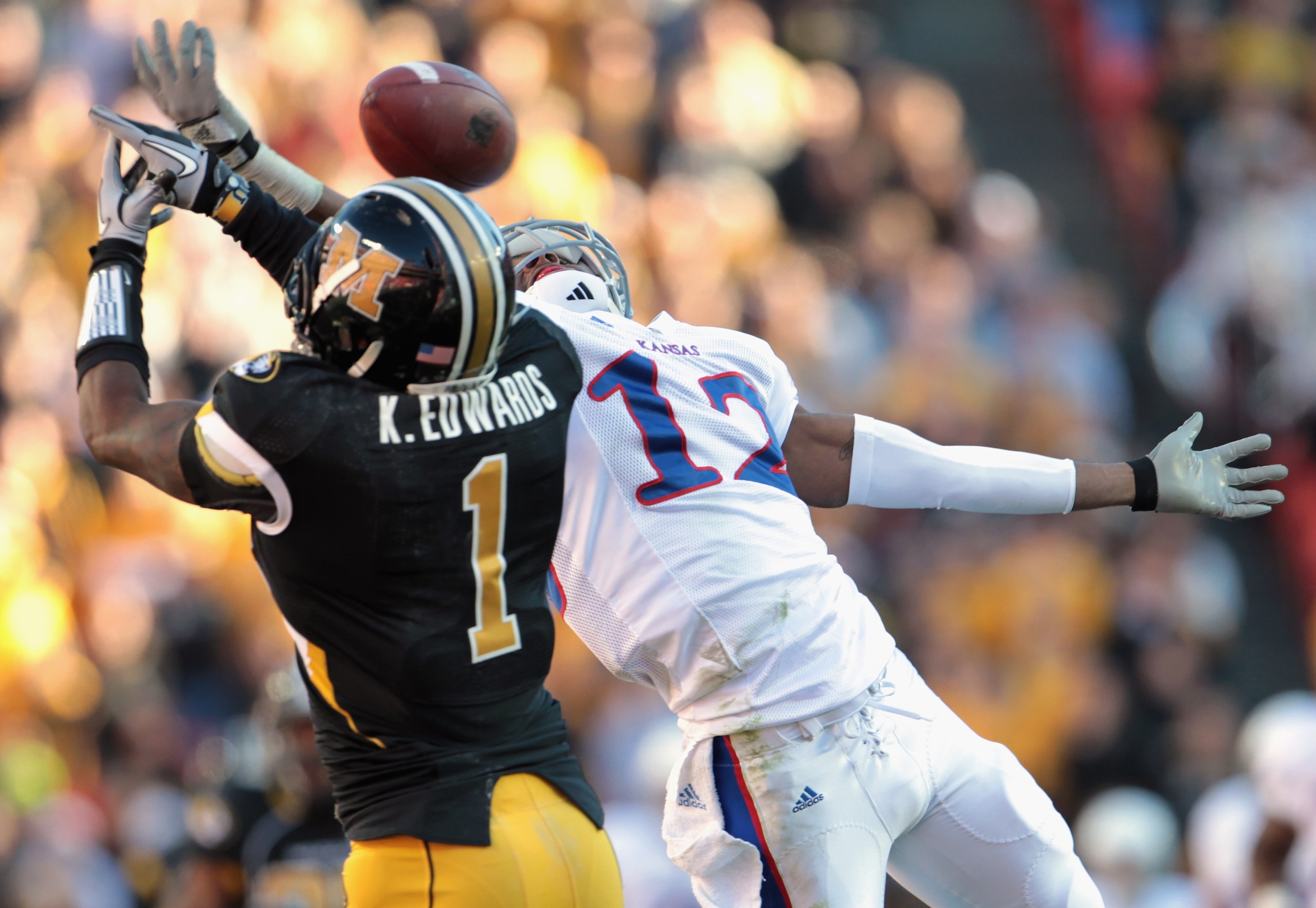 KANSAS CITY, MO - NOVEMBER 27:  Kip Edwards #1 of the Missouri Tigers breaks up a pass intended for Christian Matthews #12 of the Kansas Jayhawks during the game on November 27, 2010 at Arrowhead Stadium in Kansas City, Missouri.  (Photo by Jamie Squire/G