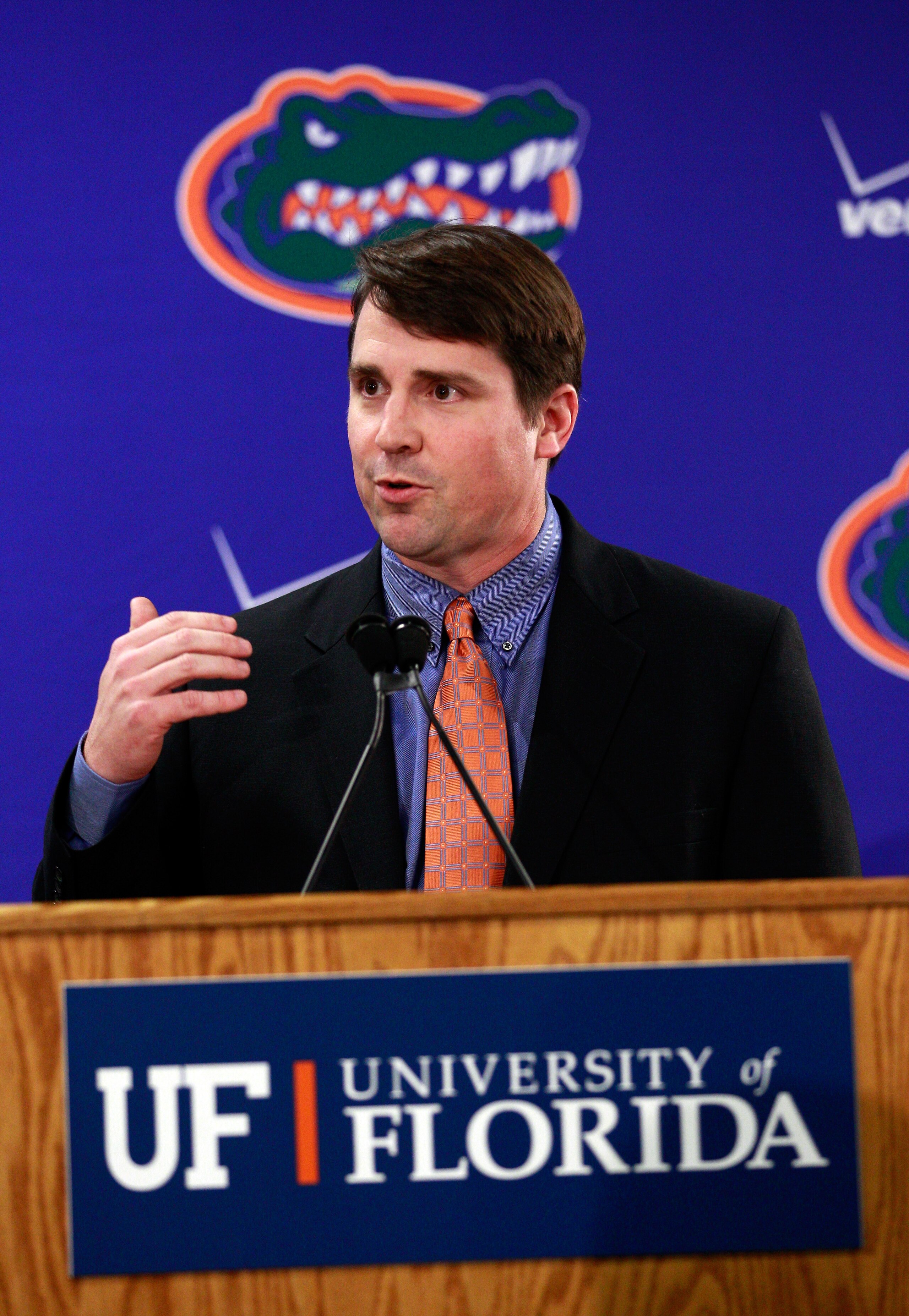 GAINESVILLE, FL - DECEMBER 14:  Former defensive coordinator for the University of Texas, Will Muschamp speaks to the media after being introduced as the head coach of the University of Florida on December 14, 2010 in Gainesville, Florida.  Muschamp is re