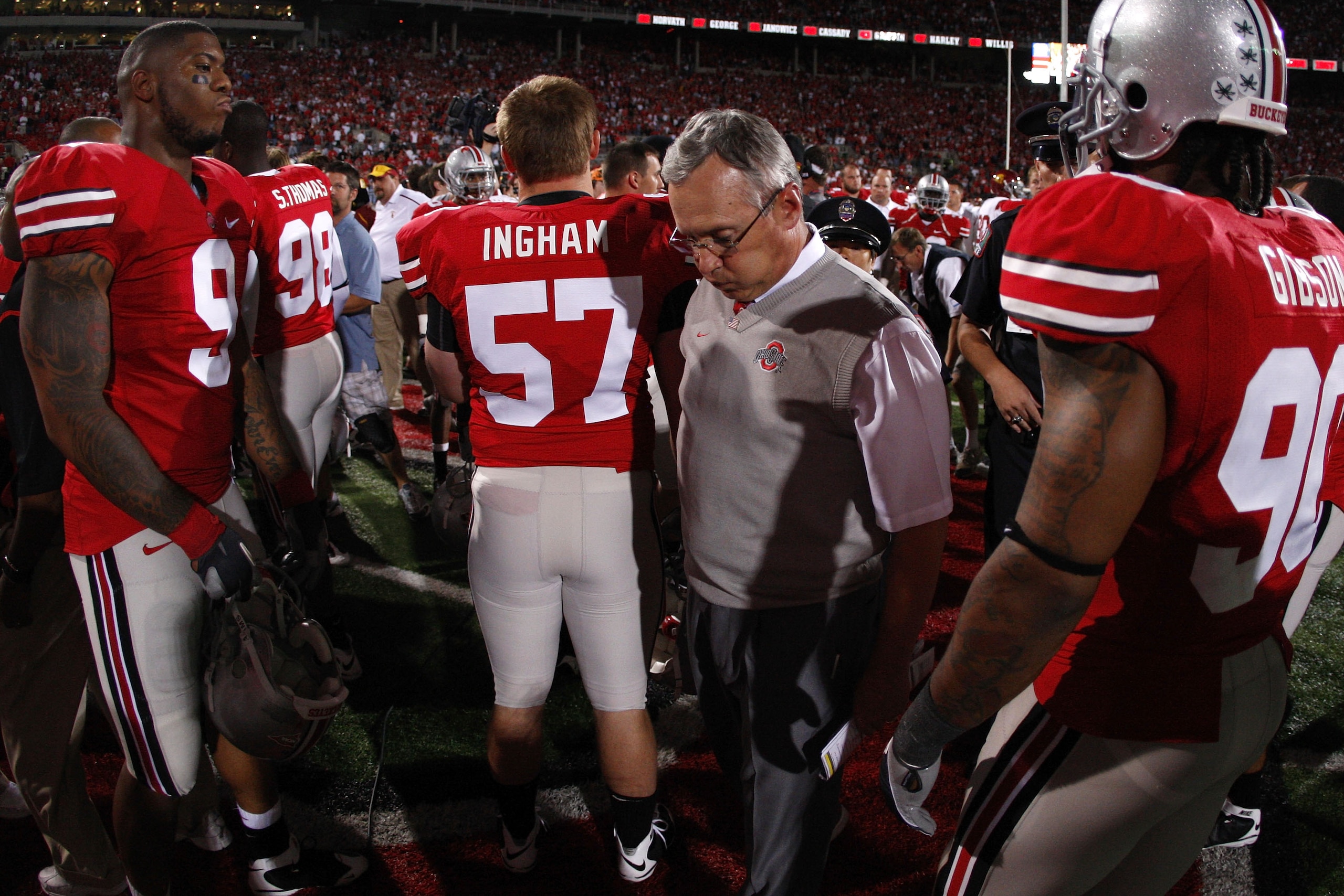 COLUMBUS, OH - SEPTEMBER 12: Head coach Jim Tressel of the Ohio State Buckeyes leaves the field after losing 18-15 to the Southern California Trojans on September 12, 2009 at Ohio Stadium in Columbus, Ohio.  (Photo by Gregory Shamus/Getty Images)