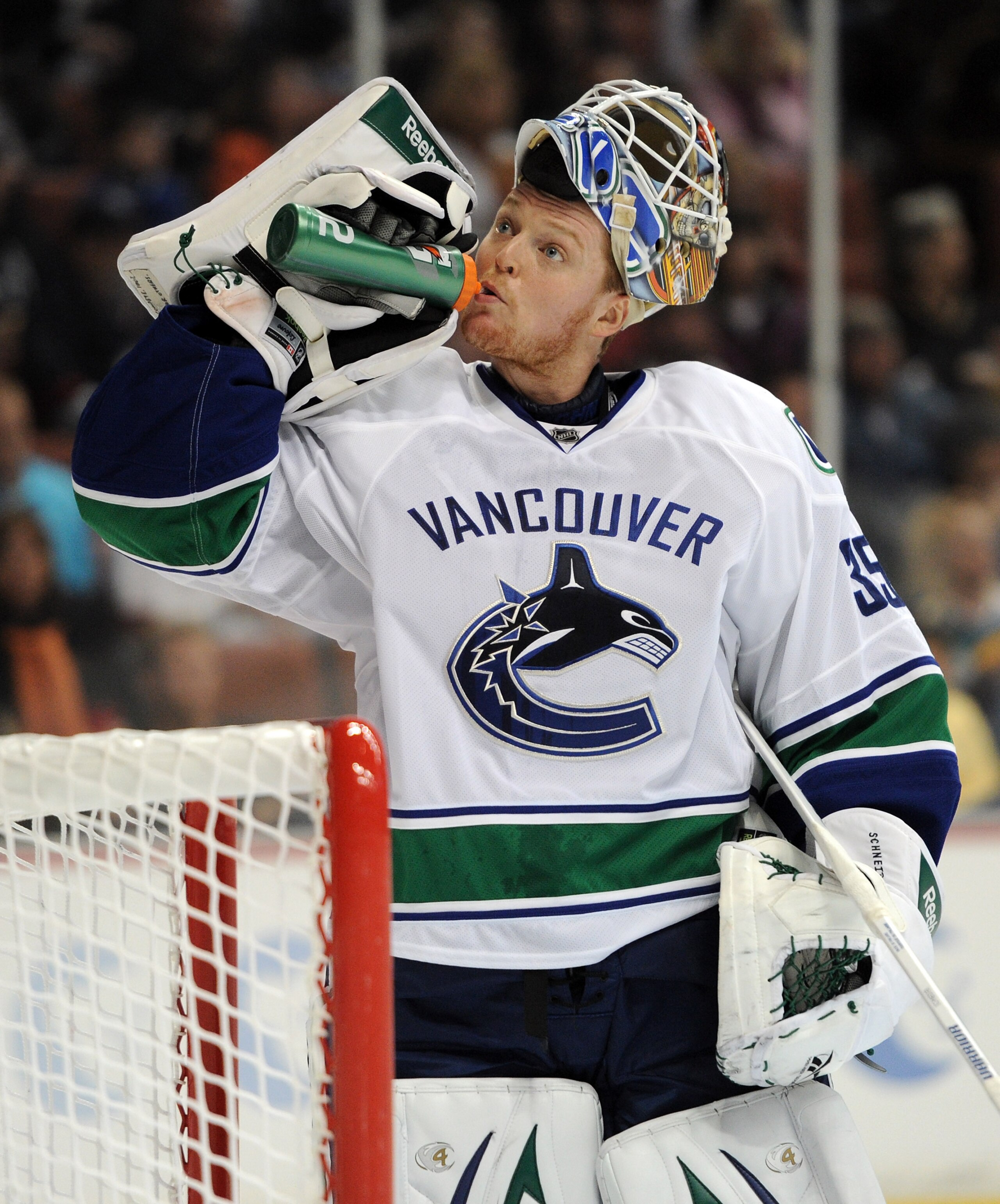 ANAHEIM, CA - MARCH 06:  Cory Schneider #35 of the Vancouver Canucks takes a break against the Anaheim Ducks at the Honda Center on March 6, 2011 in Anaheim, California.  (Photo by Harry How/Getty Images)
