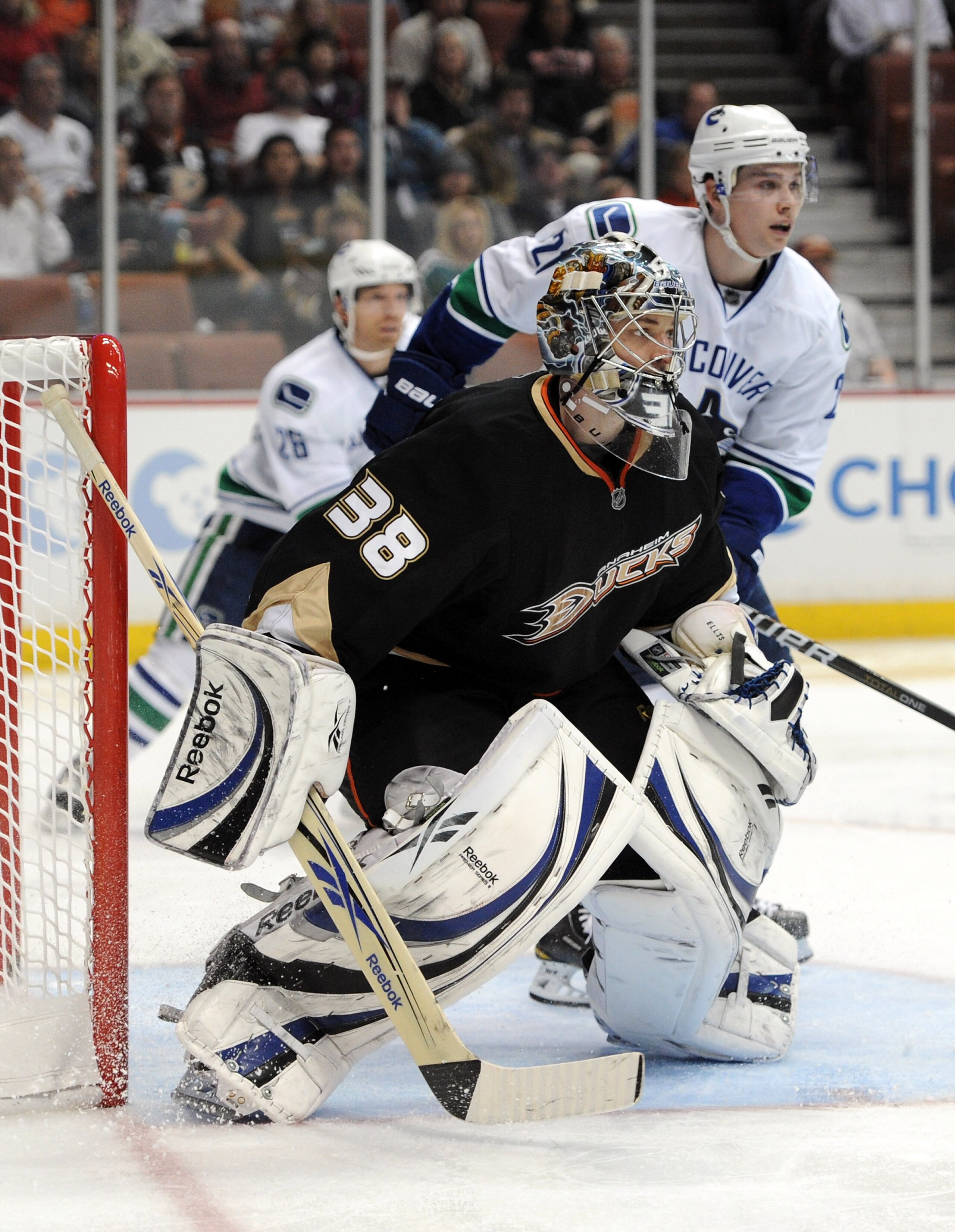 ANAHEIM, CA - MARCH 06:  Dan Ellis #38 of the Anaheim Ducks in goal against the Vancouver Canucks at the Honda Center on March 6, 2011 in Anaheim, California.  (Photo by Harry How/Getty Images)