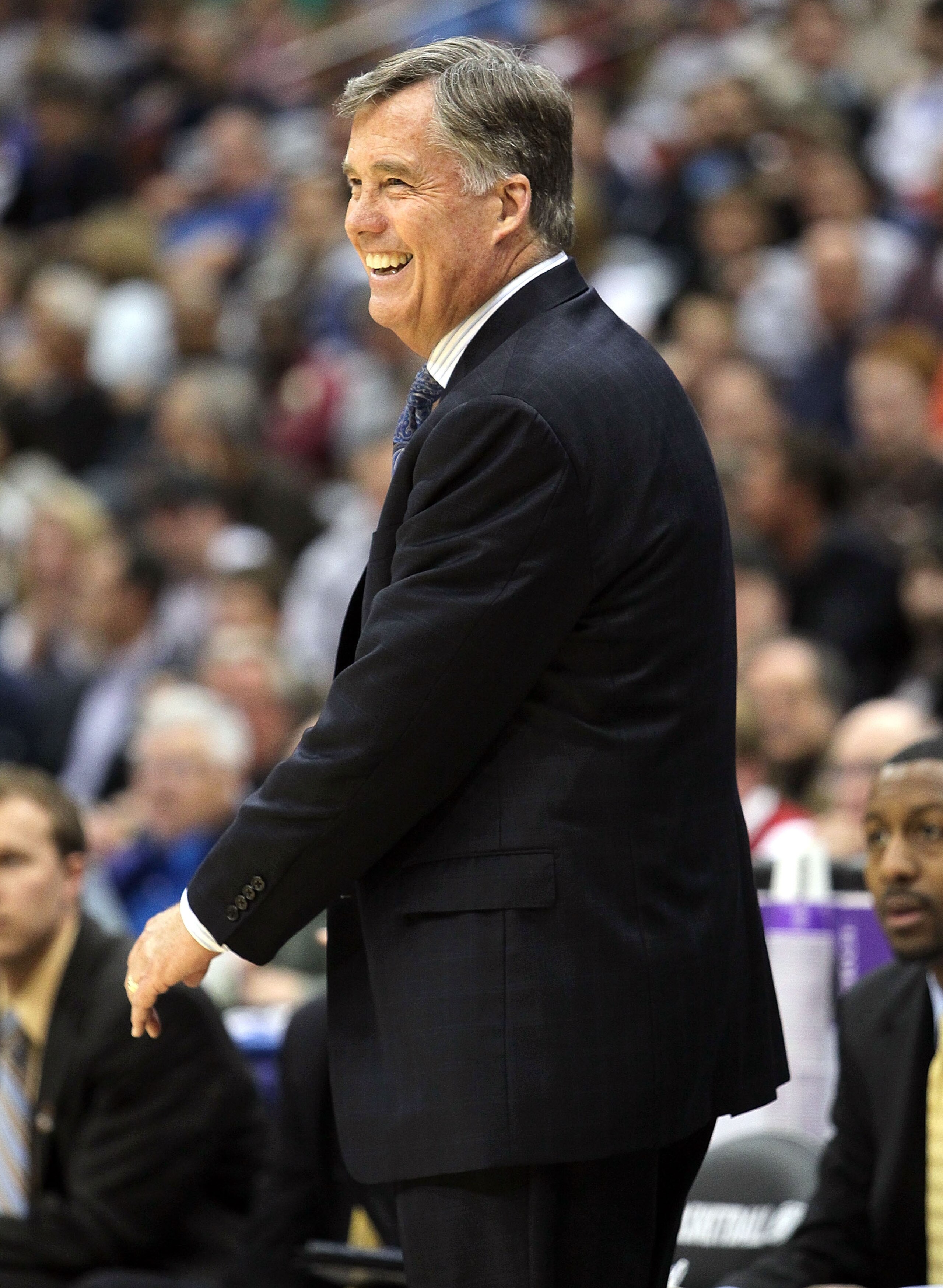 JACKSONVILLE, FL - MARCH 21:  Mike Montgomery head coach of the California Golden Bears reacts in the first half while taking on the Duke Blue Devils during the second round of the 2010 NCAA men's basketball tournament at Jacksonville Veteran's Memorial A