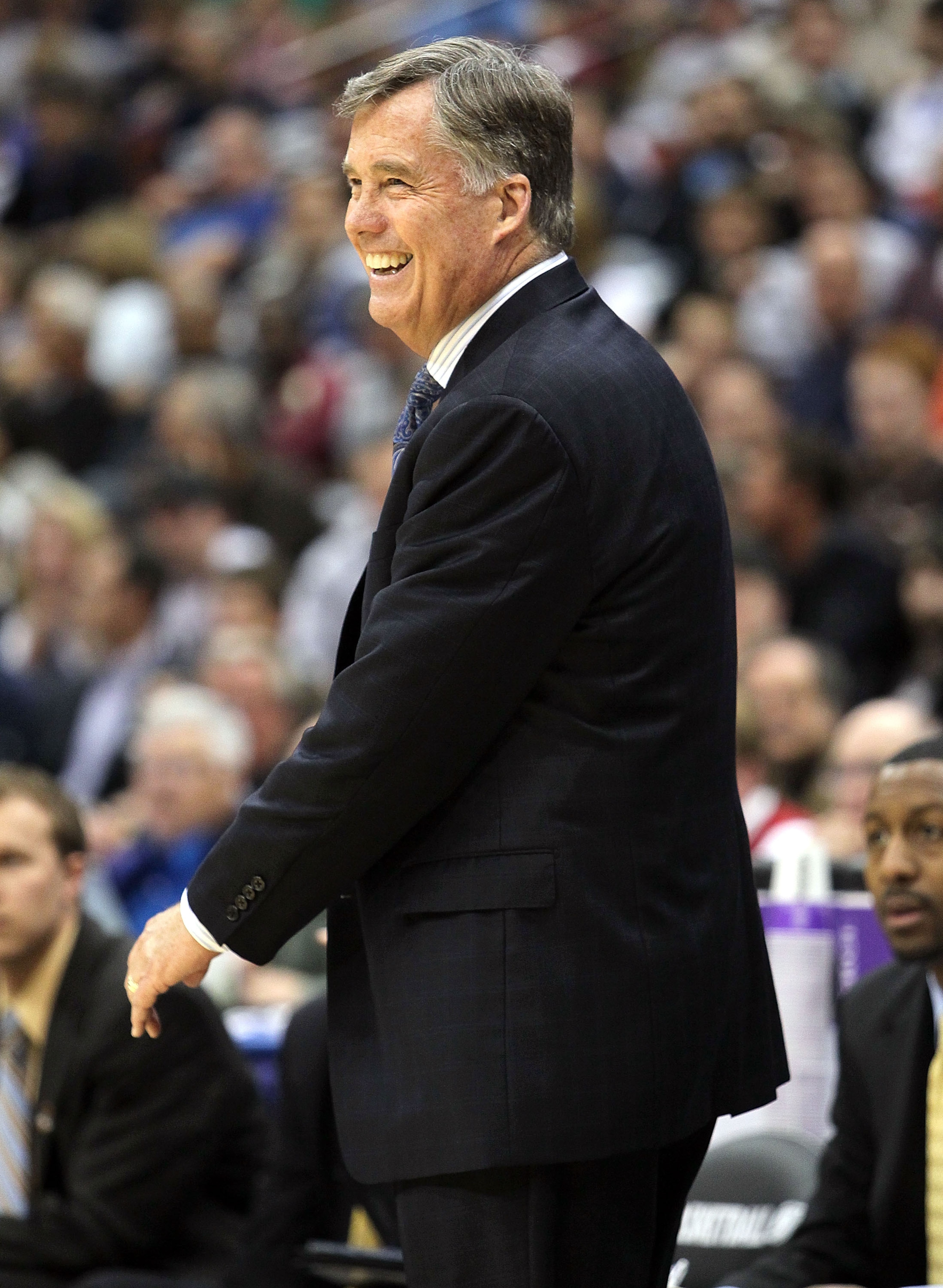 JACKSONVILLE, FL - MARCH 21:  Mike Montgomery head coach of the California Golden Bears reacts in the first half while taking on the Duke Blue Devils during the second round of the 2010 NCAA men's basketball tournament at Jacksonville Veteran's Memorial A