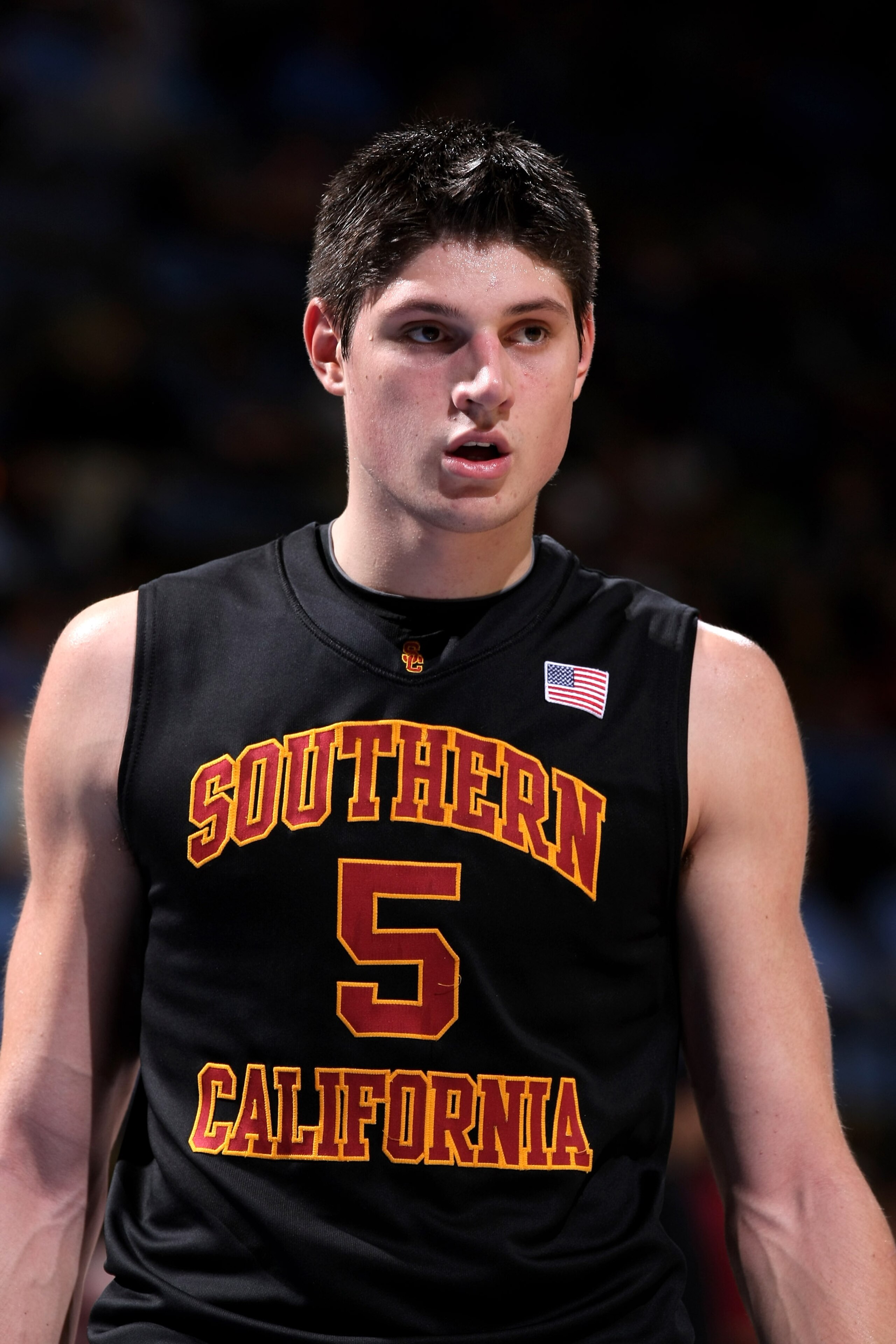 WESTWOOD, CA - JANUARY 16:  Nikola Vucevic #5 of the USC Trojans on the court in the game against the UCLA Bruins on January 16, 2010 at Pauley Pavillion in Westwood, California.  USC won 67-46.  (Photo by Stephen Dunn/Getty Images)
