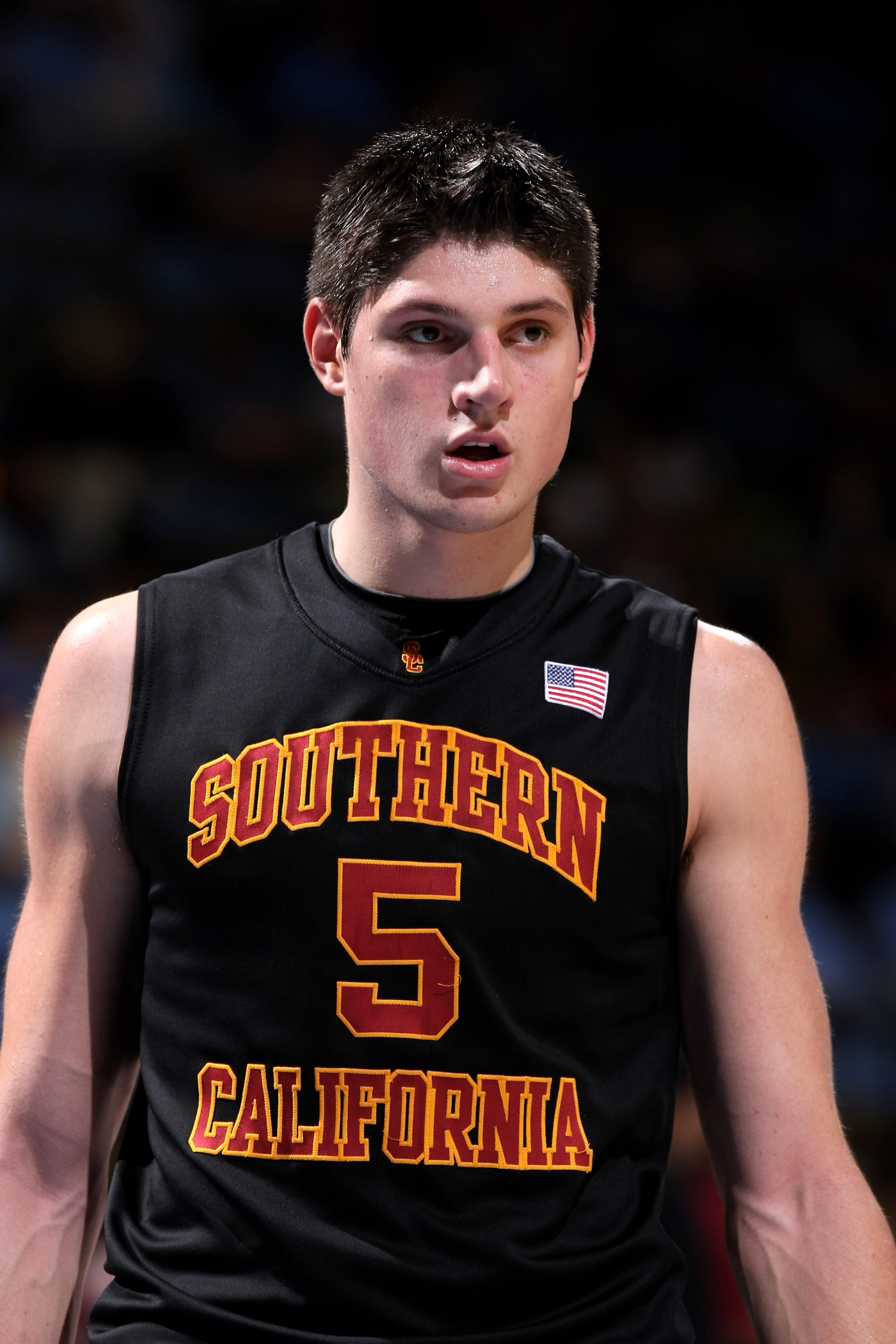 WESTWOOD, CA - JANUARY 16:  Nikola Vucevic #5 of the USC Trojans on the court in the game against the UCLA Bruins on January 16, 2010 at Pauley Pavillion in Westwood, California.  USC won 67-46.  (Photo by Stephen Dunn/Getty Images)