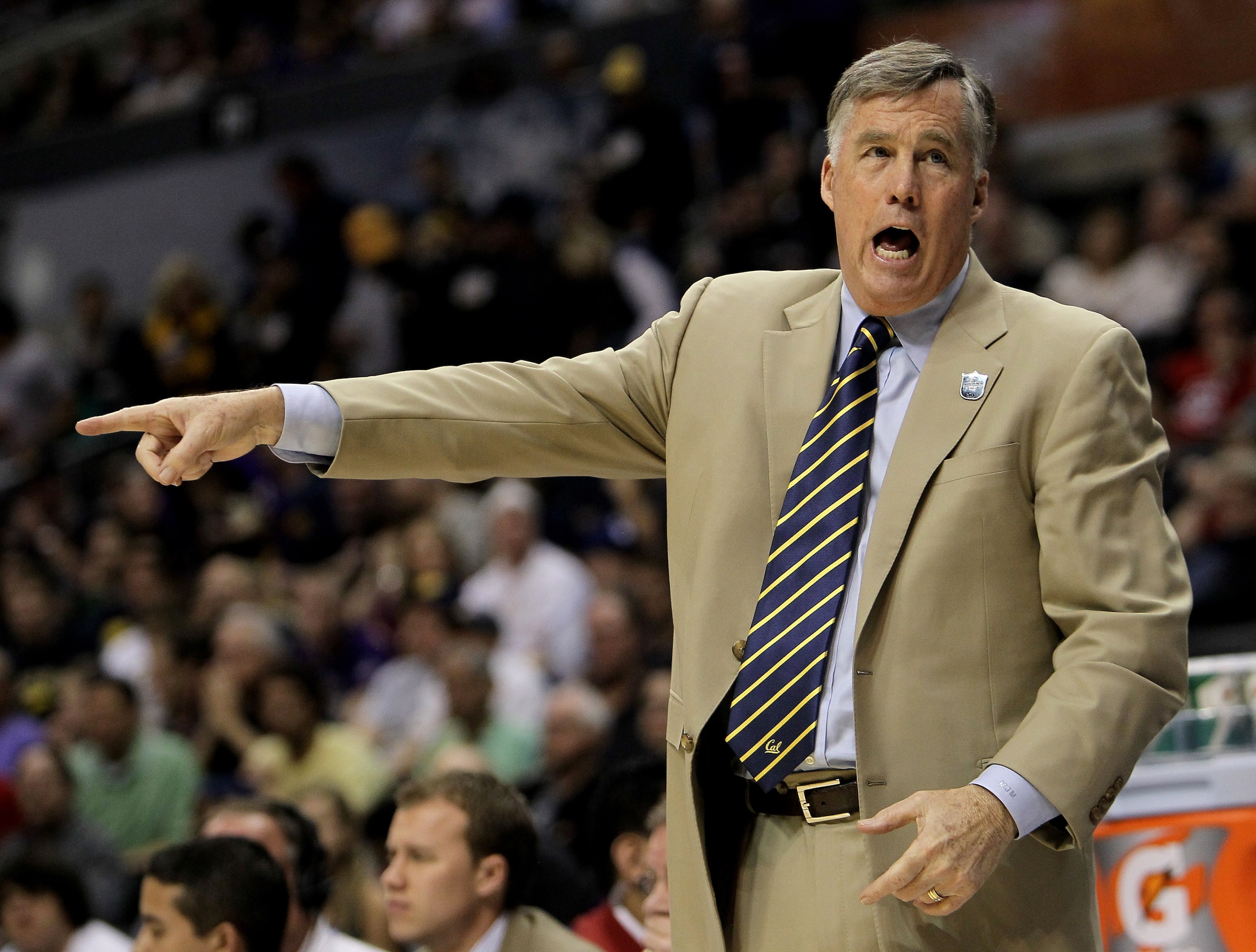 LOS ANGELES - MARCH 13: Head coach Mike Montgomery of the California Golden Bears gestures in the game against the Washington Huskies during the championship game of the Pac-10 Basketball Tournament at Staples Center on March 13, 2010 in Los Angeles, Cali