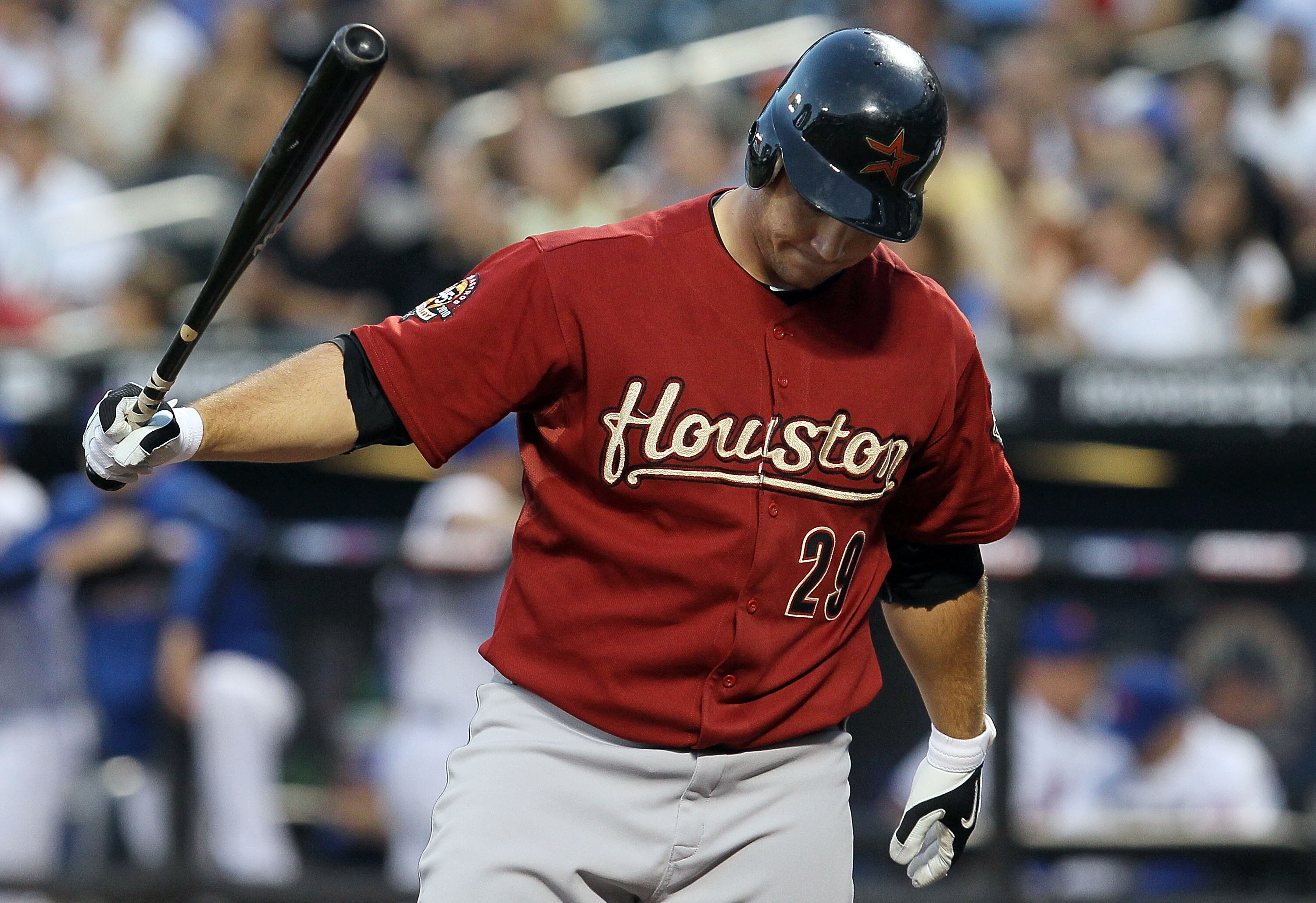 NEW YORK - AUGUST 27:  Brett Wallace #29 of the Houston Astros reacts after striking out with the bases loaded to end the first inning against the New York Mets on August 27, 2010 at Citi Field in the Flushing neighborhood of the Queens borough of New Yor